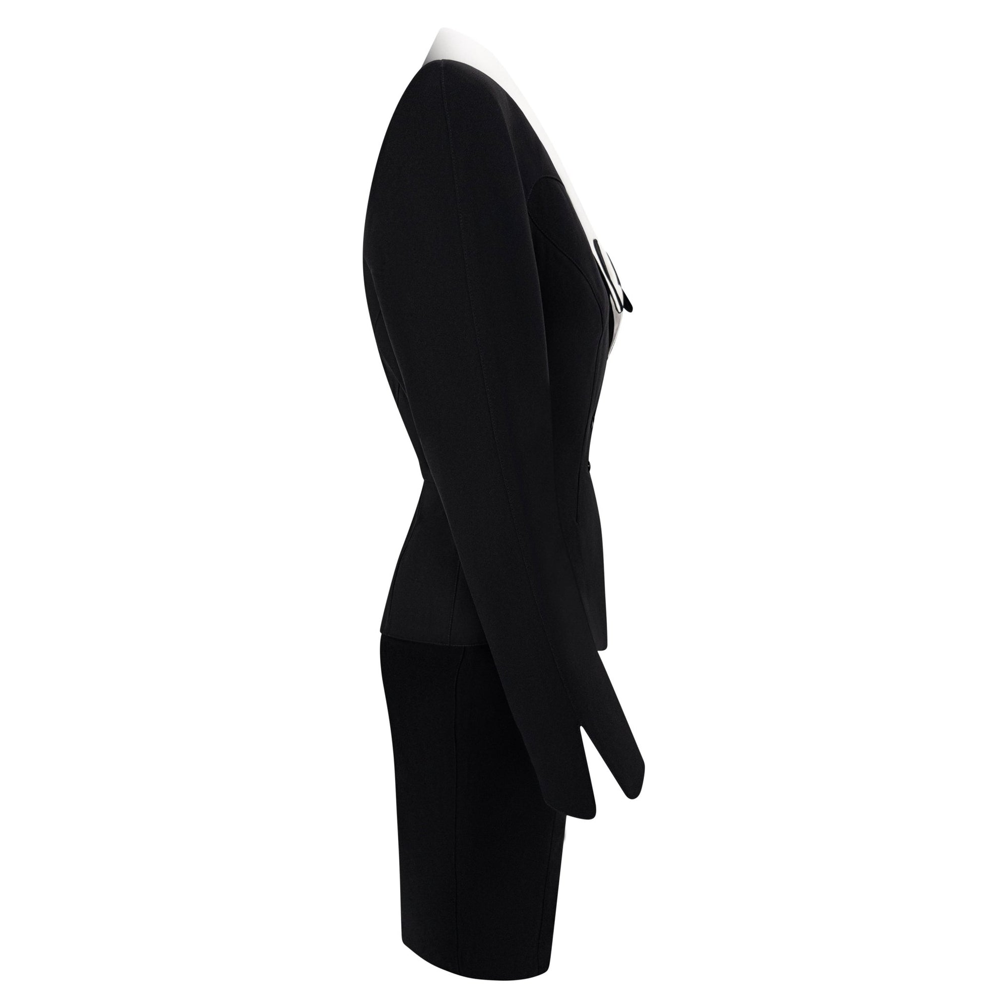 S/S 1992 Thierry Mugler Runway Curved White Lapel Black Velvet Detail Skirt Suit - RealList