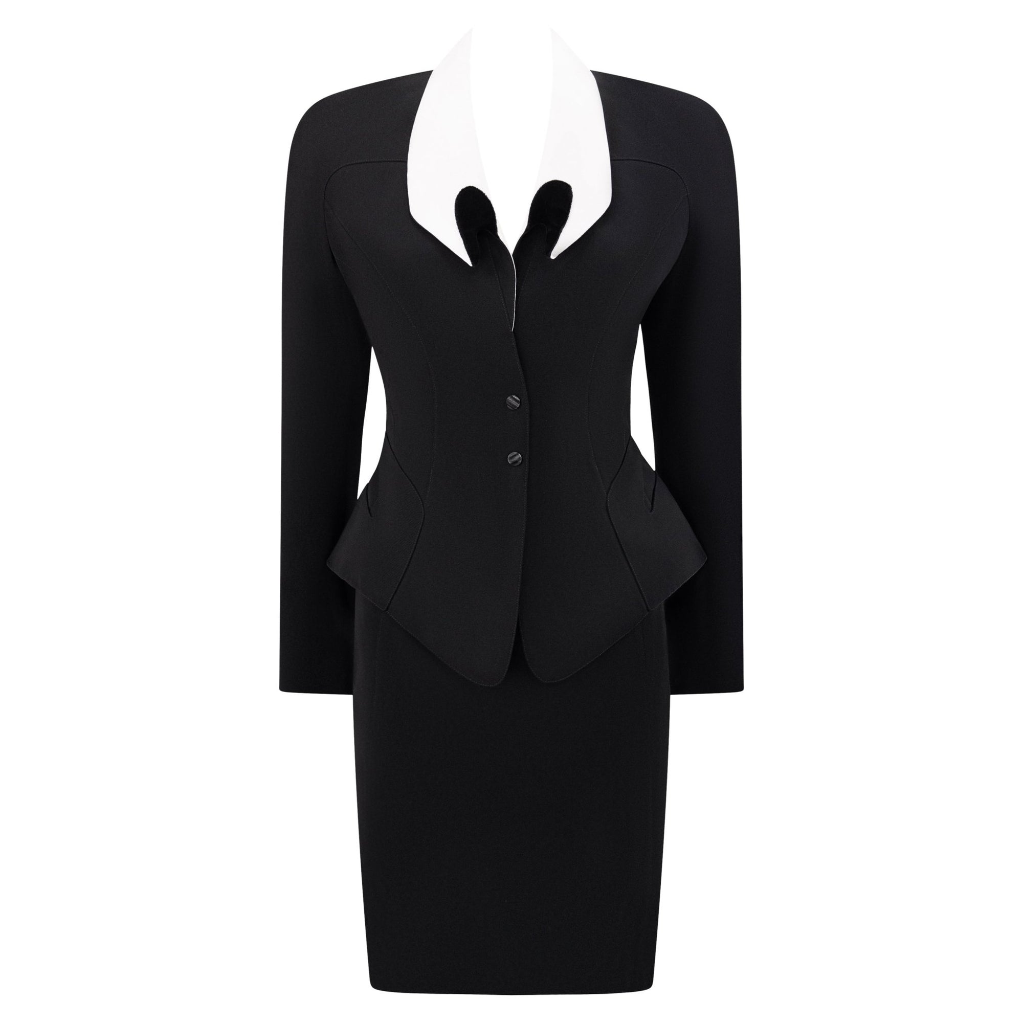 S/S 1992 Thierry Mugler Runway Curved White Lapel Black Velvet Detail Skirt Suit - RealList