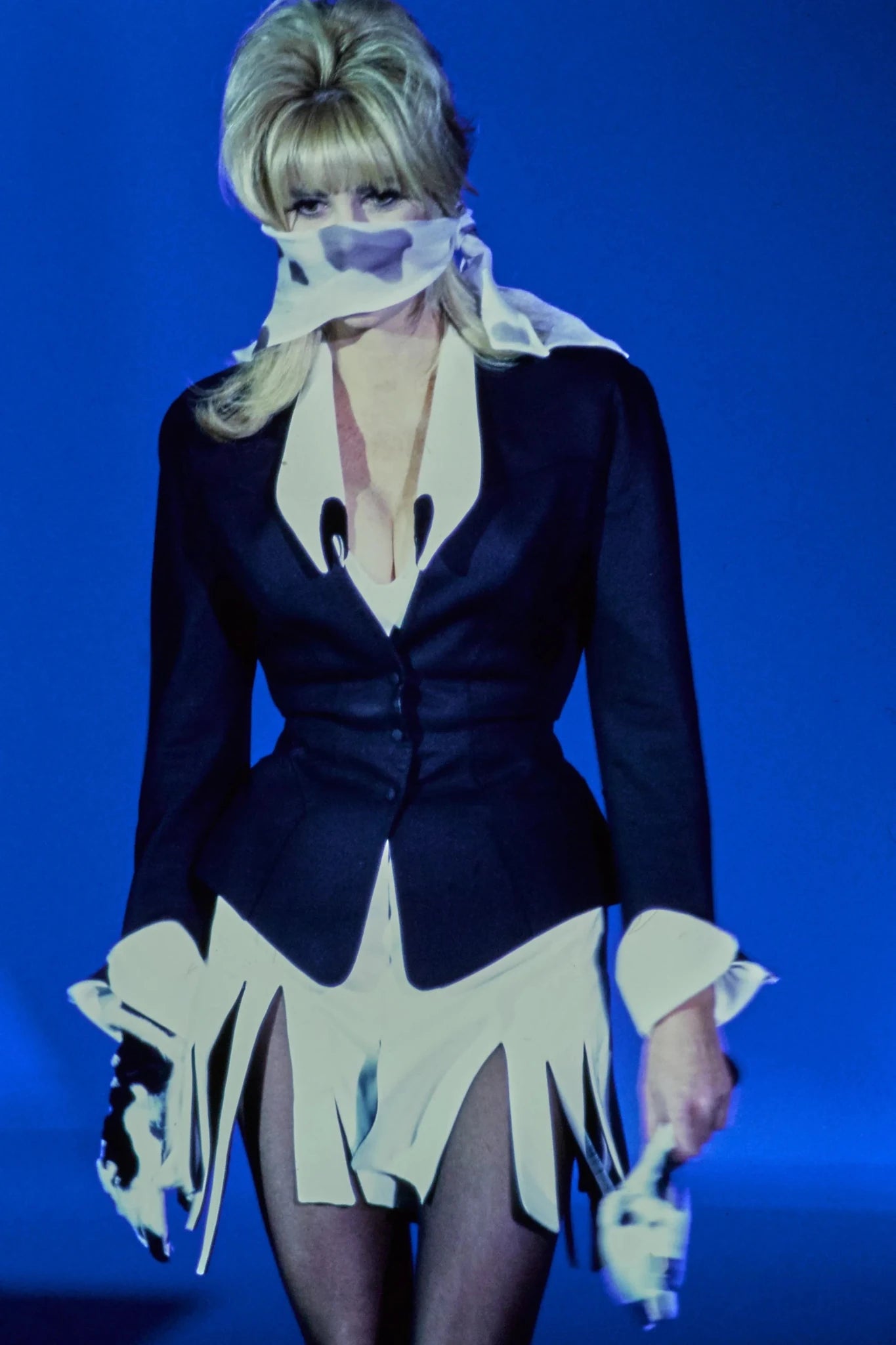 S/S 1992 Thierry Mugler Runway Curved White Lapel Black Velvet Detail Skirt Suit - RealList
