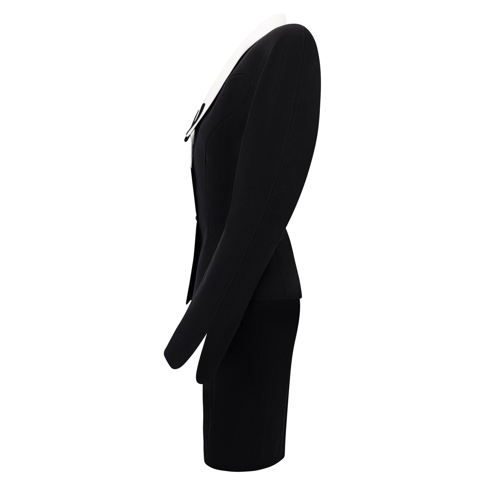 S/S 1992 Thierry Mugler Runway Curved White Lapel Black Velvet Detail Skirt Suit - RealList