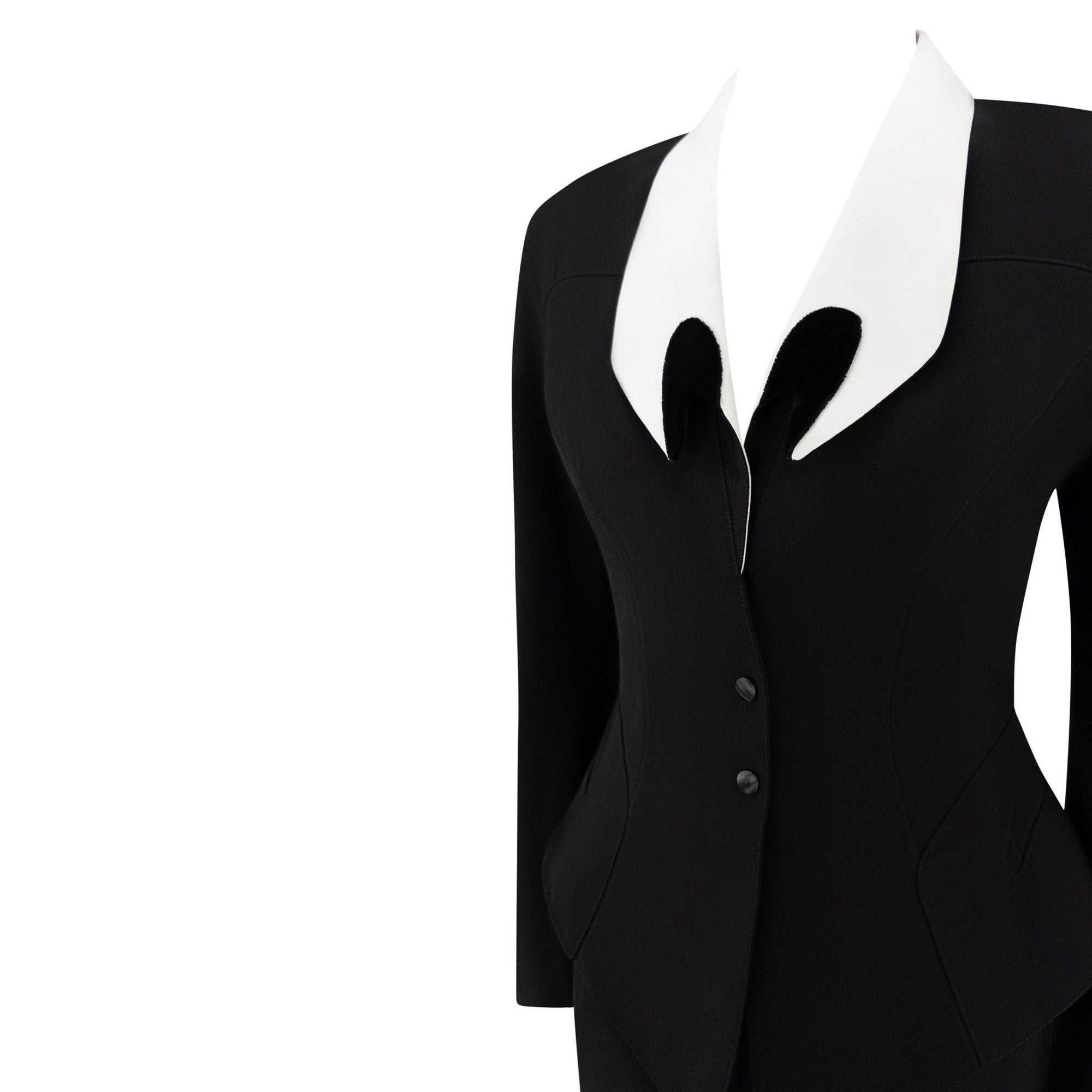 S/S 1992 Thierry Mugler Runway Curved White Lapel Black Velvet Detail Skirt Suit - RealList