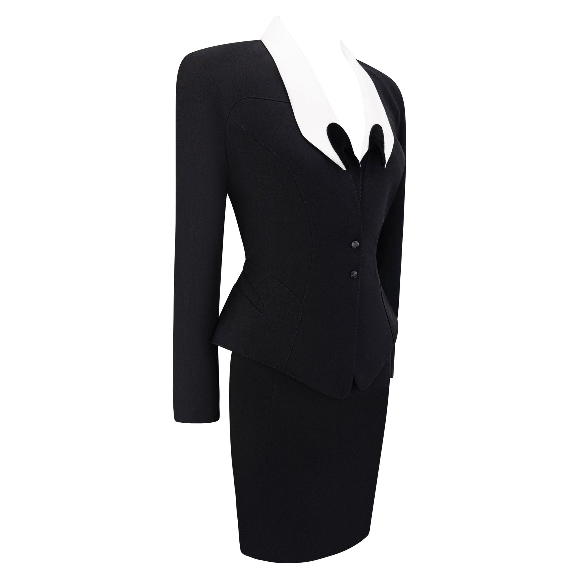 S/S 1992 Thierry Mugler Runway Curved White Lapel Black Velvet Detail Skirt Suit - RealList
