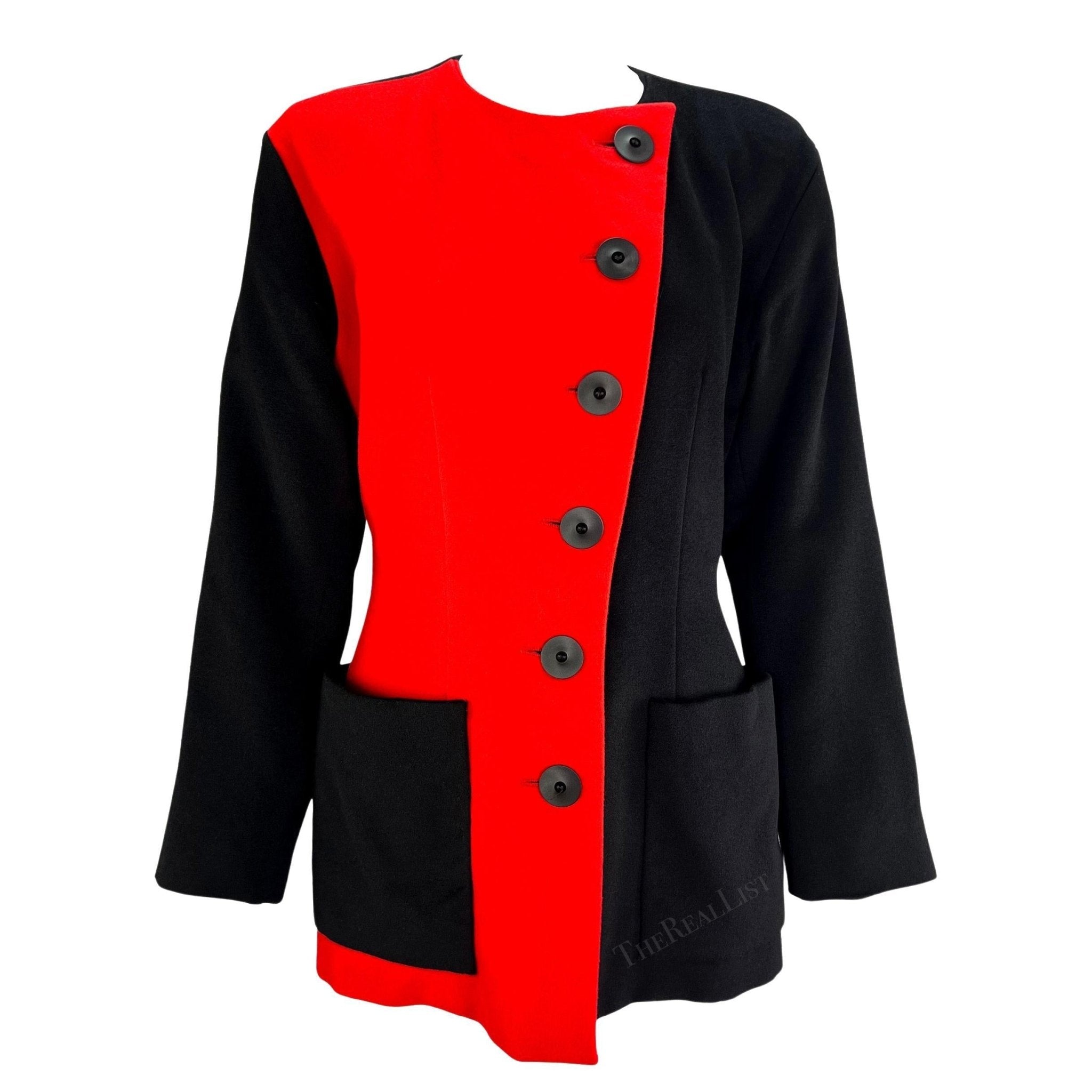 S/S 1992 Yves Saint Laurent Red Color - Block Black Mini Coat Dress Blazer Jacket - RealList