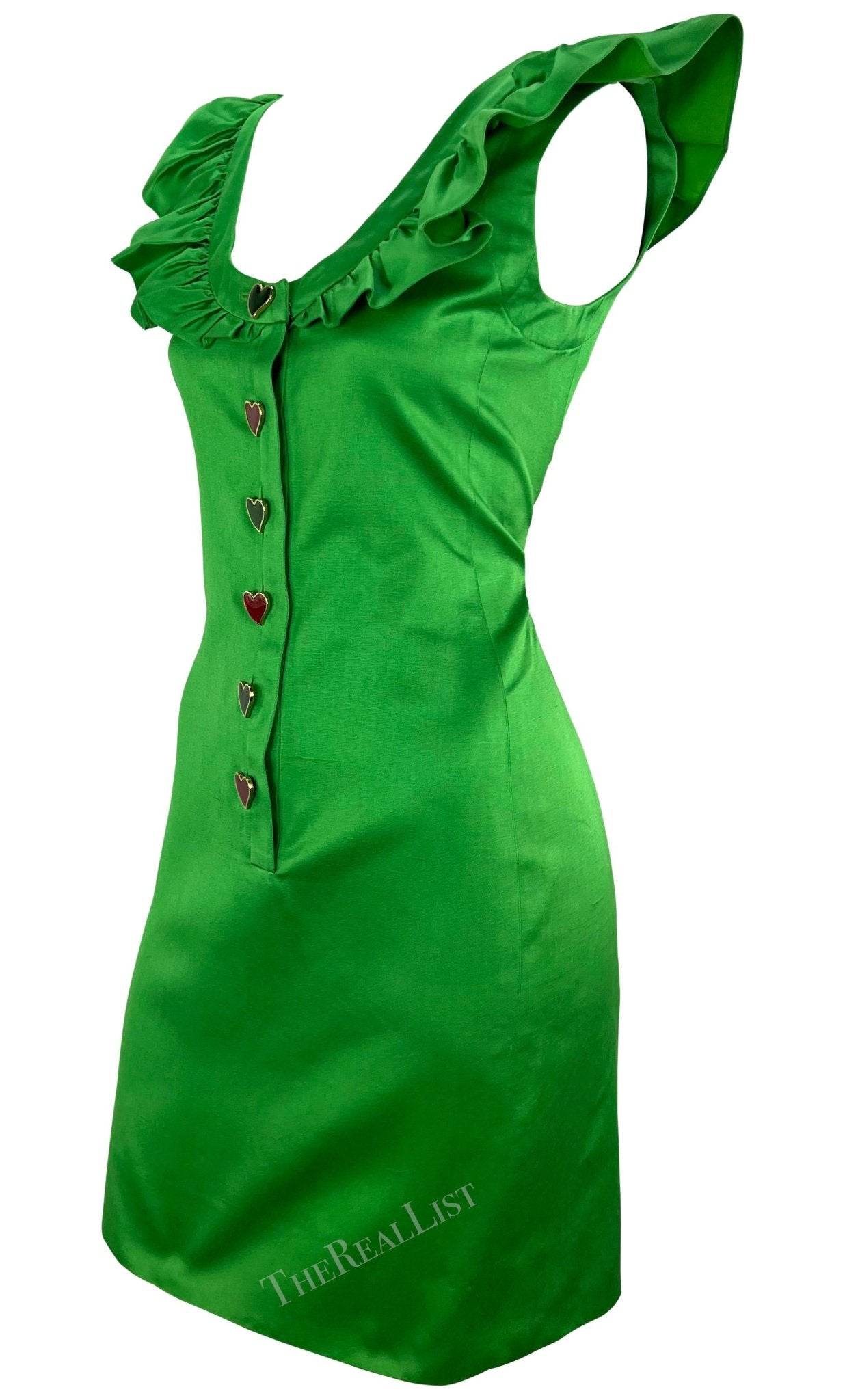 S/S 1992 Yves Saint Laurent Runway Ad Bright Green Ruffle Heart Button Dress - RealList