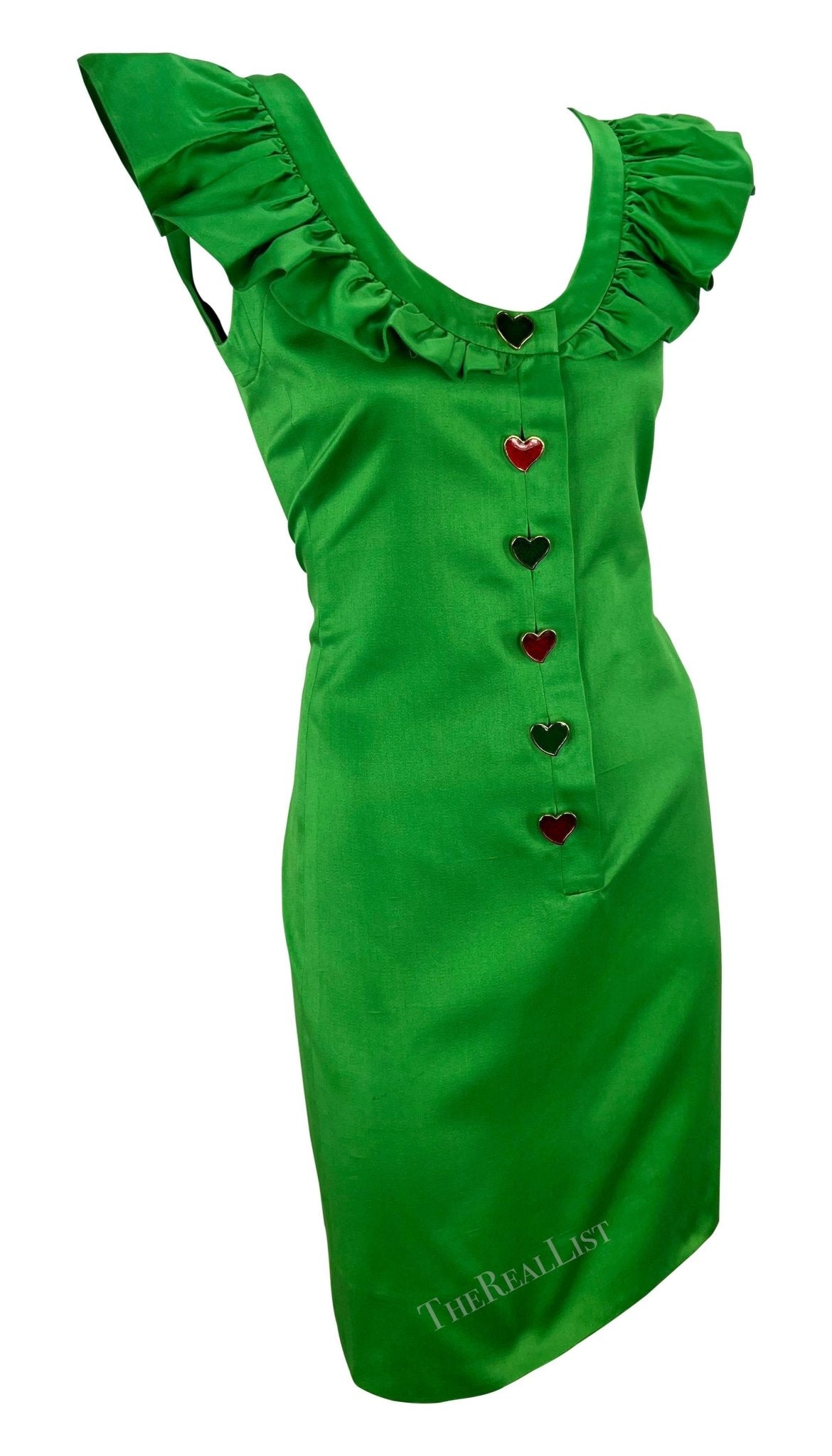 S/S 1992 Yves Saint Laurent Runway Ad Bright Green Ruffle Heart Button Dress - RealList