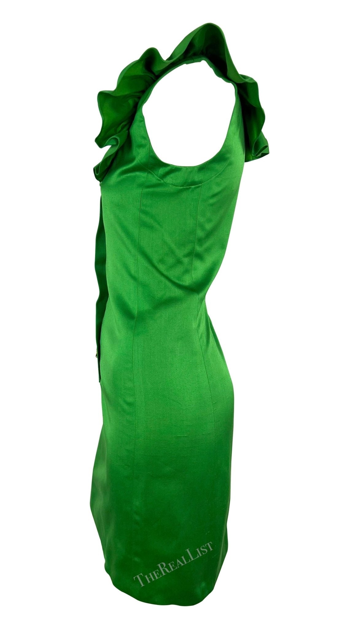 S/S 1992 Yves Saint Laurent Runway Ad Bright Green Ruffle Heart Button Dress - RealList
