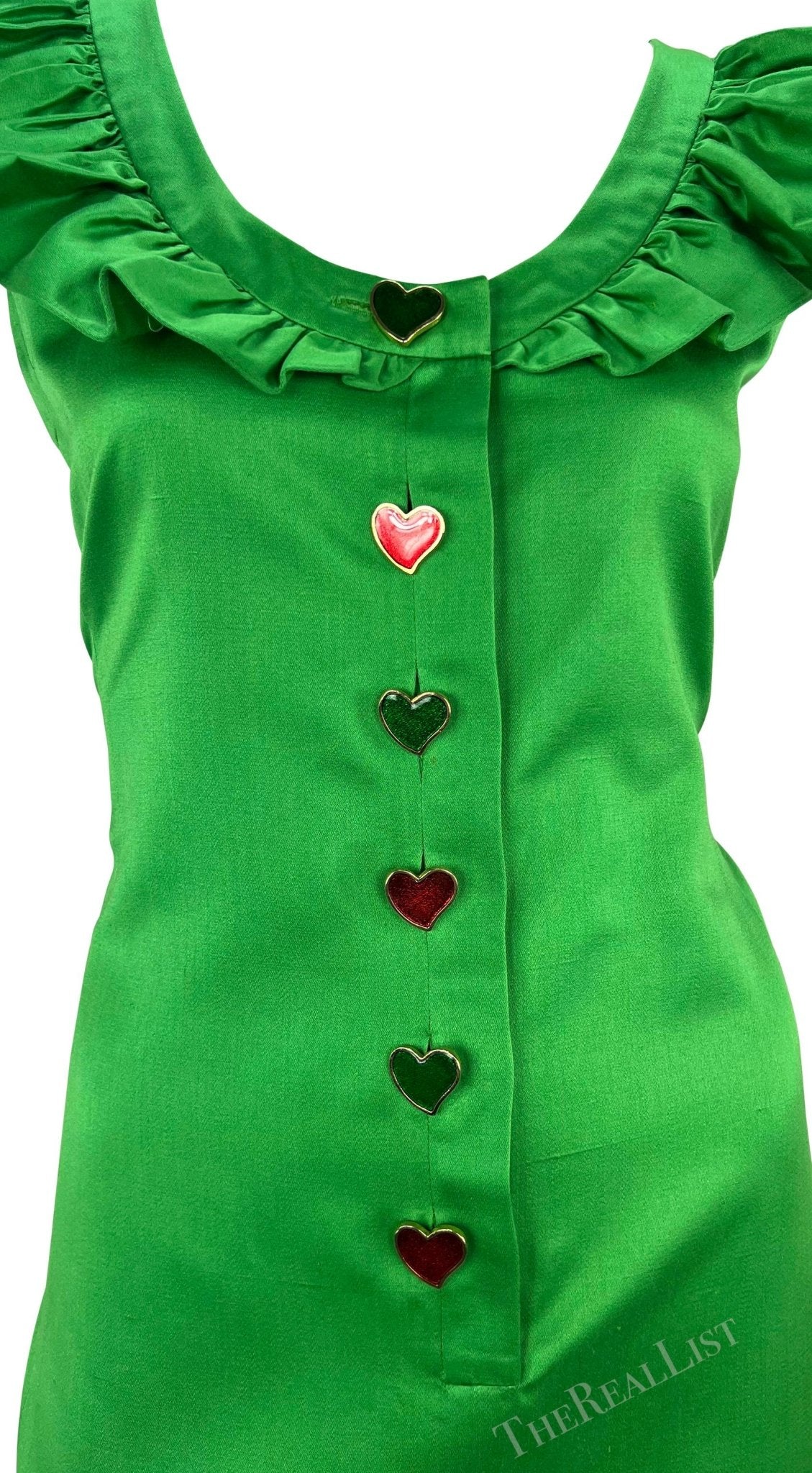 S/S 1992 Yves Saint Laurent Runway Ad Bright Green Ruffle Heart Button Dress - RealList