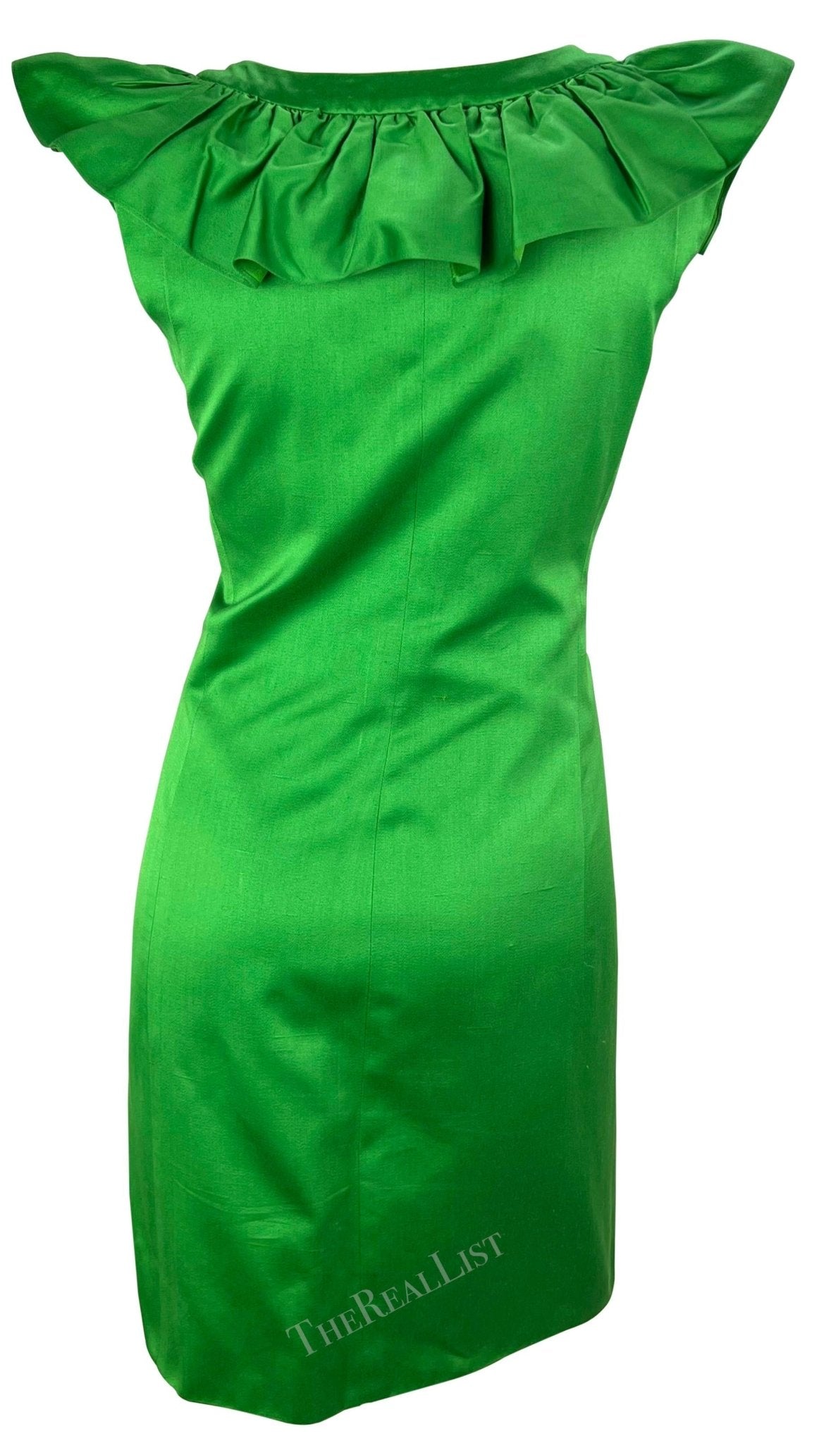 S/S 1992 Yves Saint Laurent Runway Ad Bright Green Ruffle Heart Button Dress - RealList