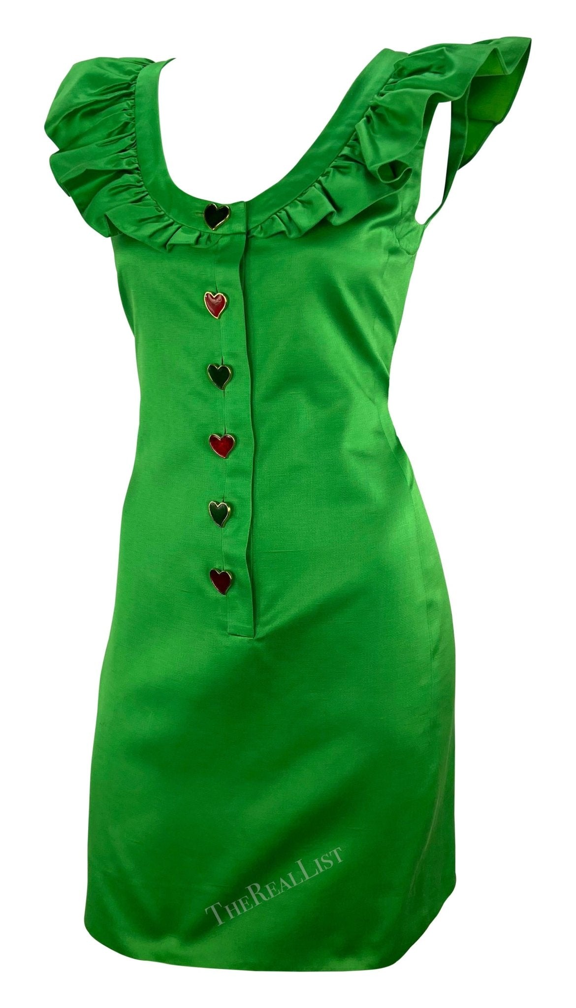 S/S 1992 Yves Saint Laurent Runway Ad Bright Green Ruffle Heart Button Dress - RealList