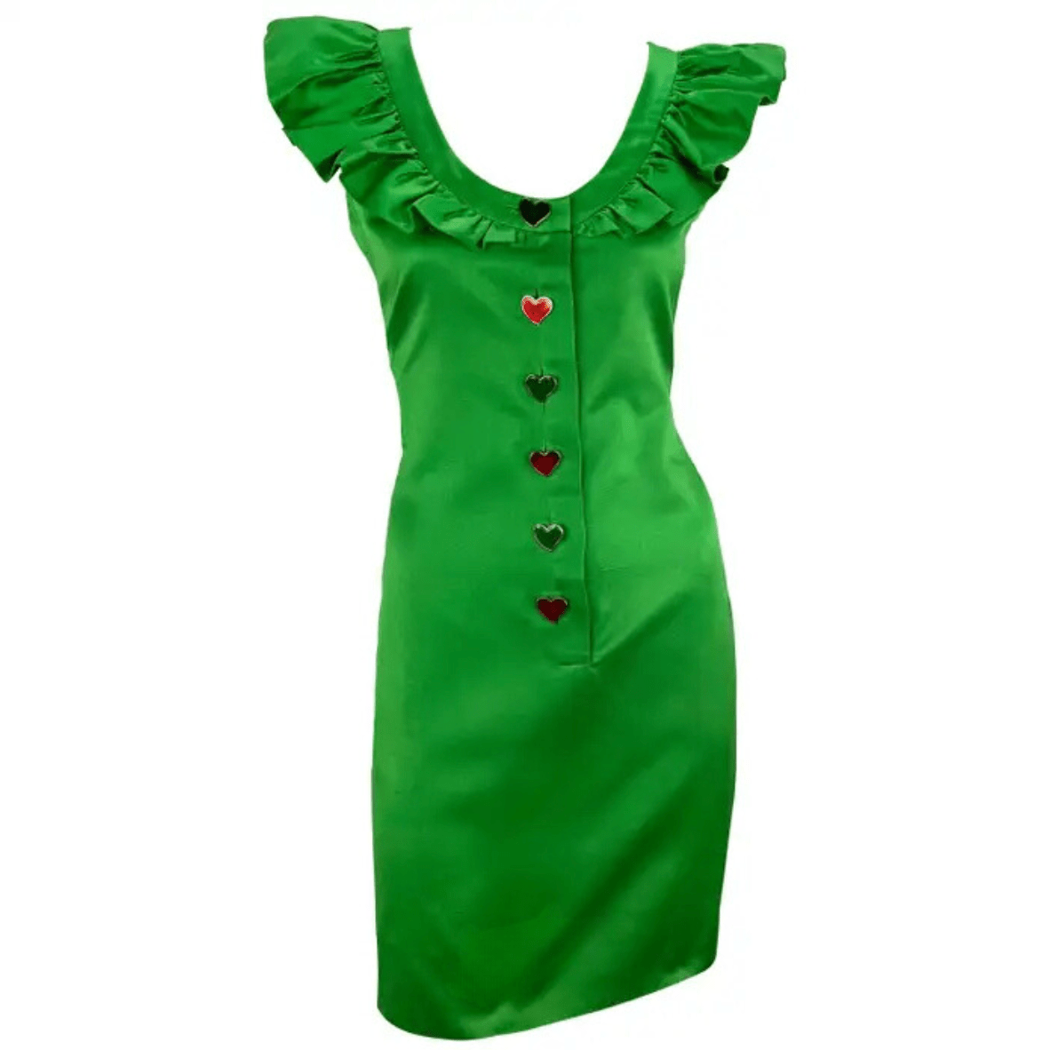 S/S 1992 Yves Saint Laurent Runway Ad Bright Green Ruffle Heart Button Dress - RealList