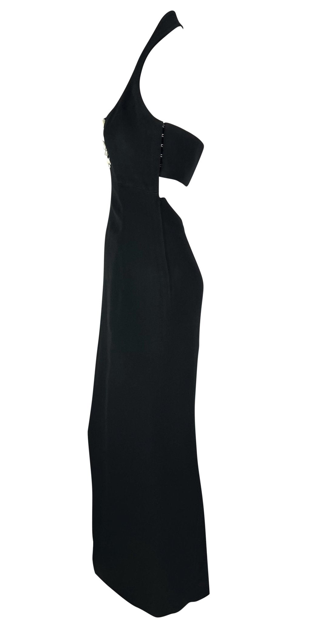 S/S 1993 Claude Montana Runway White Beaded Black Cutout Maxi Dress - RealList