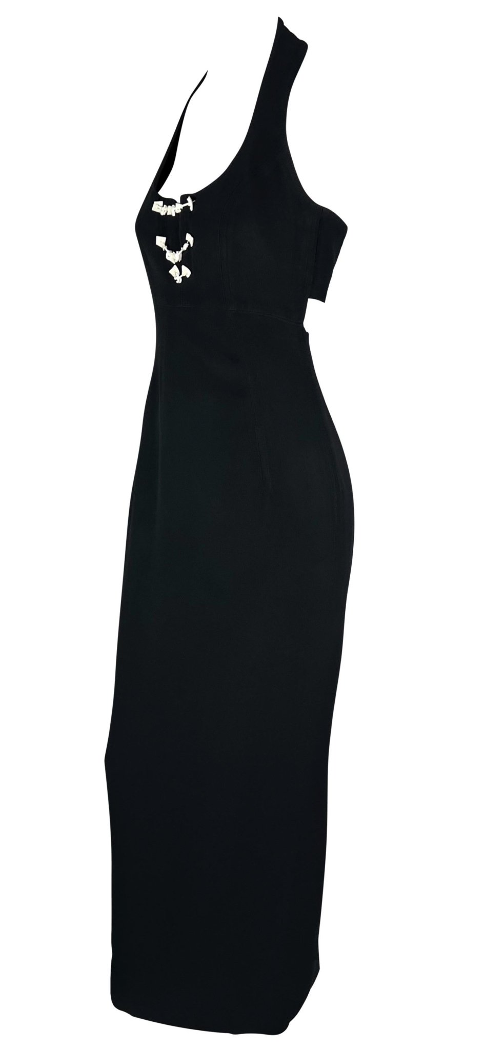 S/S 1993 Claude Montana Runway White Beaded Black Cutout Maxi Dress - RealList