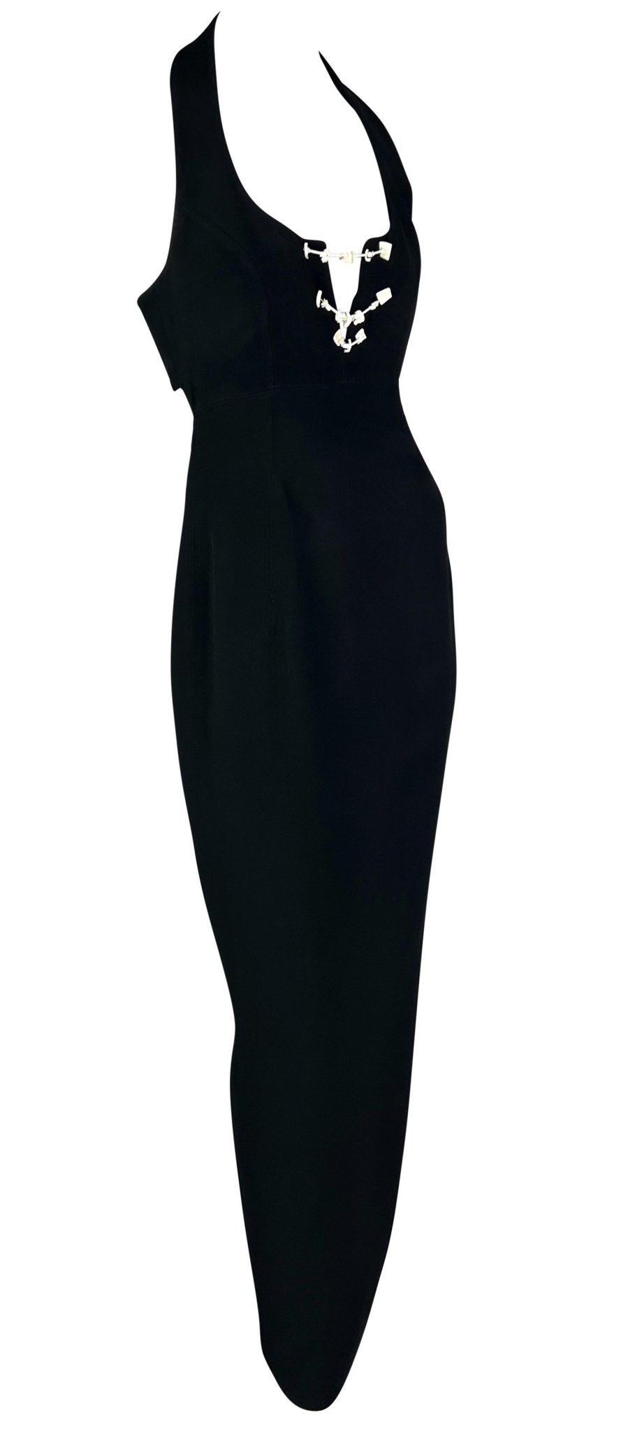 S/S 1993 Claude Montana Runway White Beaded Black Cutout Maxi Dress - RealList