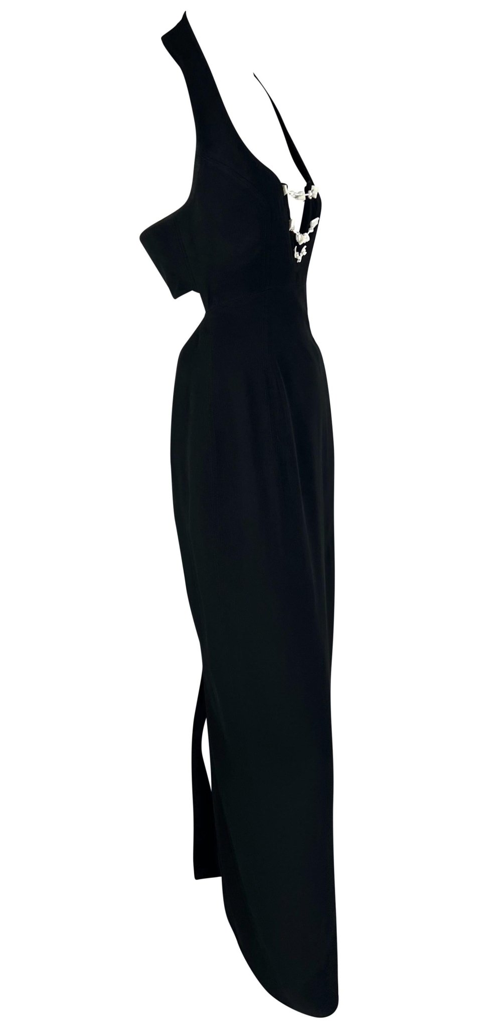 S/S 1993 Claude Montana Runway White Beaded Black Cutout Maxi Dress - RealList