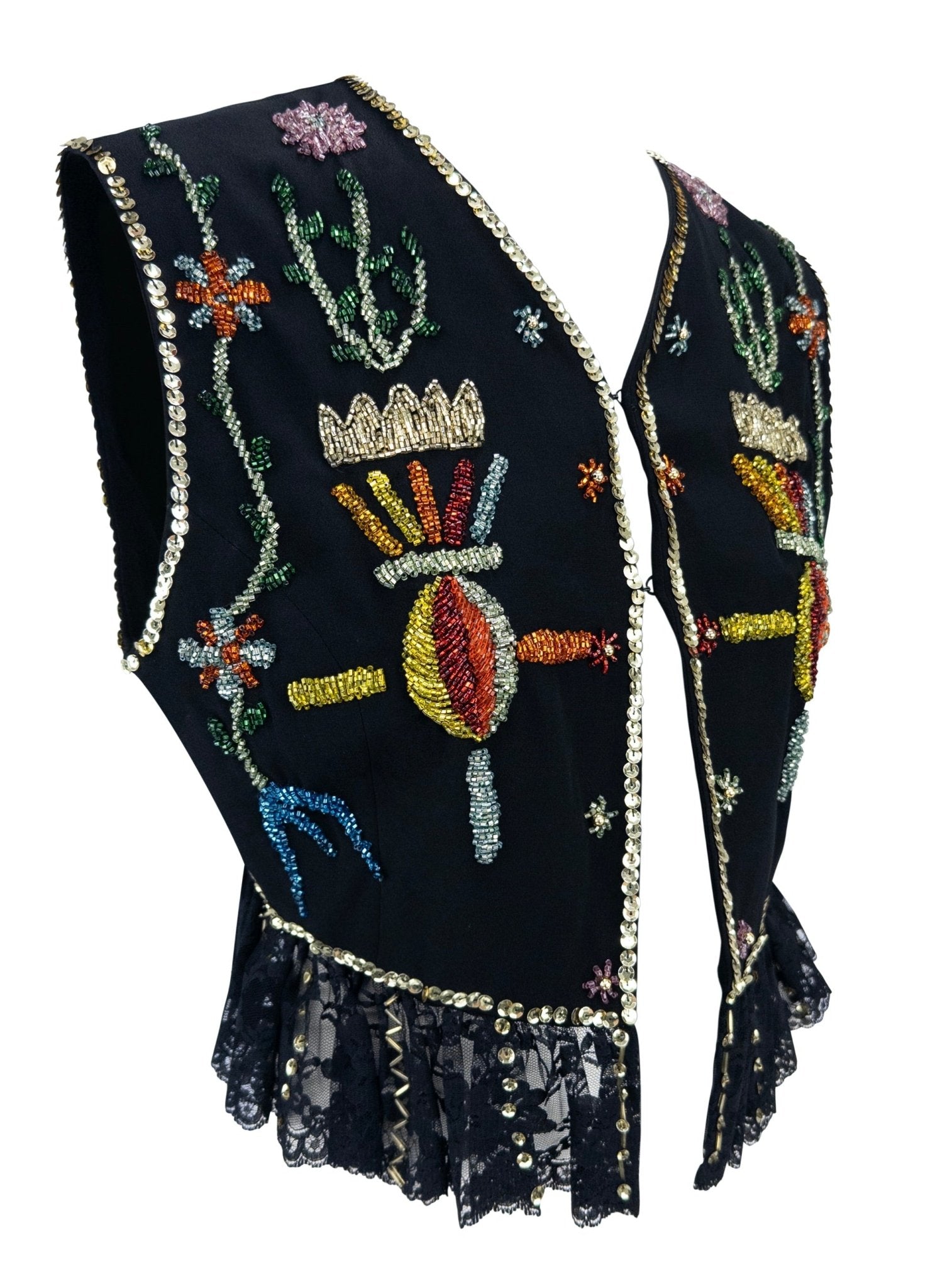 S/S 1993 Dolce & Gabbana Runway Multicolor Beaded Black Cropped Vest Top - RealList