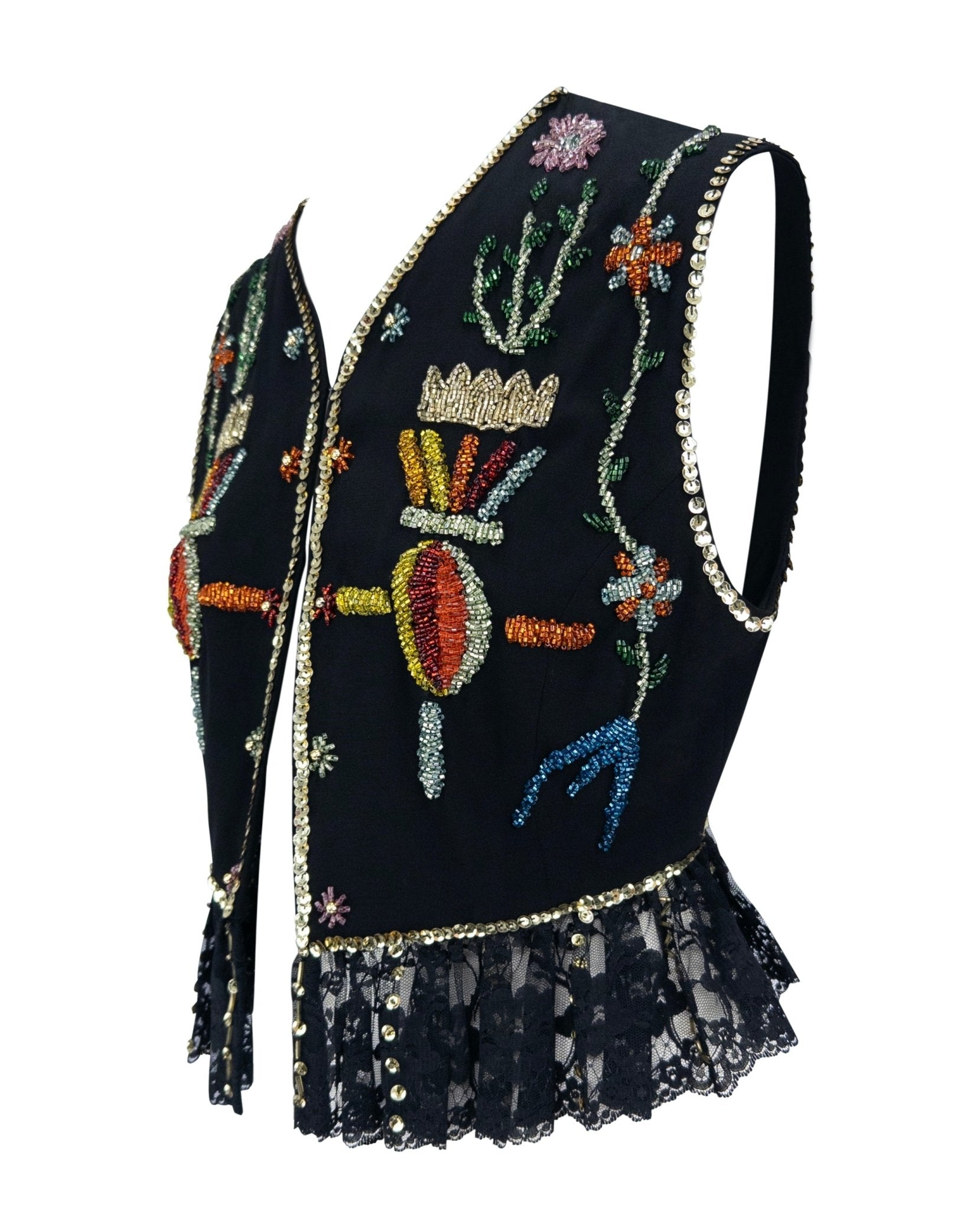 S/S 1993 Dolce & Gabbana Runway Multicolor Beaded Black Cropped Vest Top - RealList