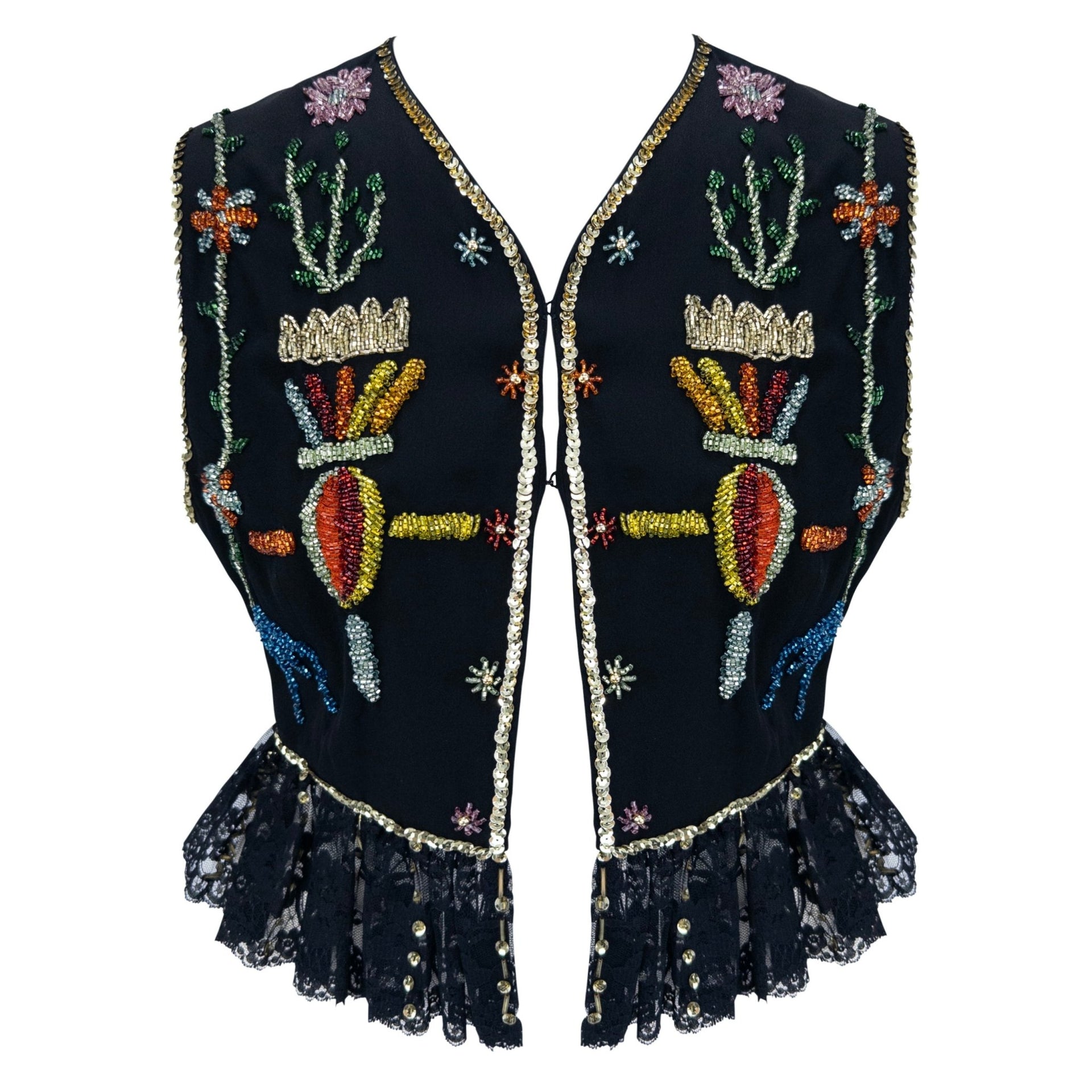 S/S 1993 Dolce & Gabbana Runway Multicolor Beaded Black Cropped Vest Top - RealList