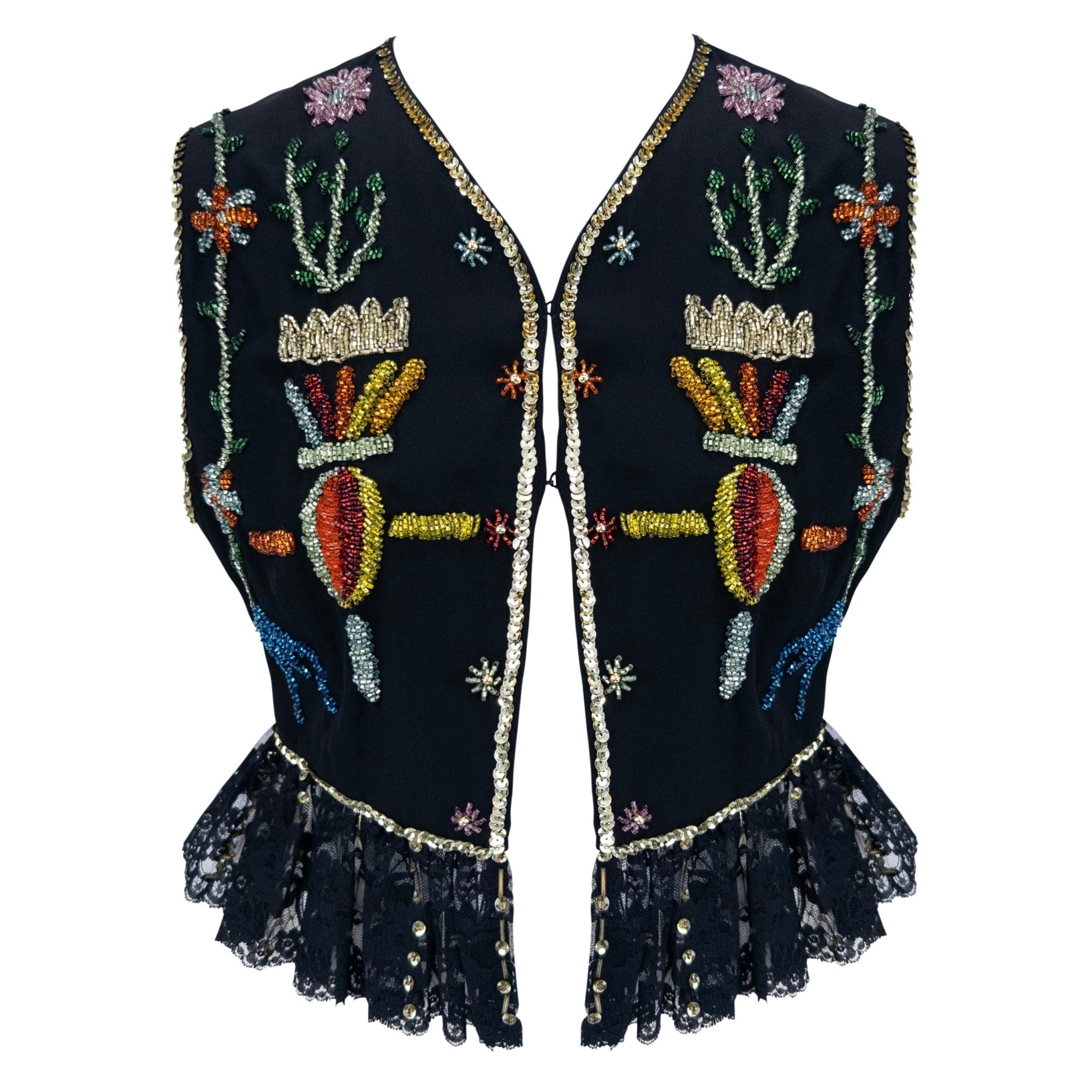 S/S 1993 Dolce & Gabbana Runway Multicolor Beaded Black Cropped Vest Top - RealList