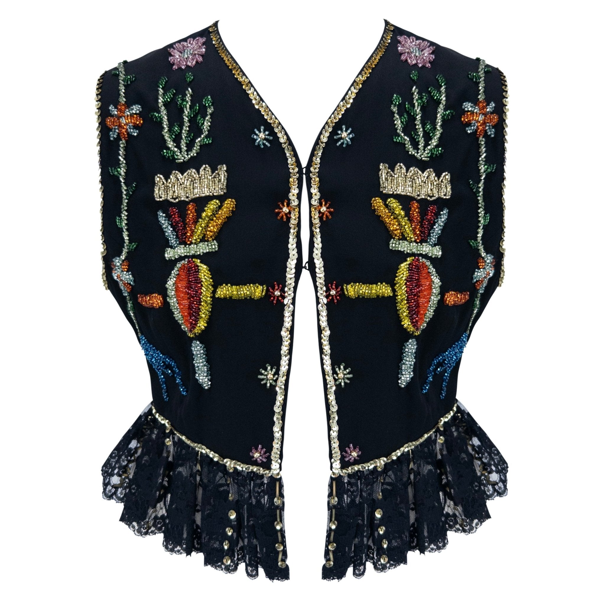 S/S 1993 Dolce & Gabbana Runway Multicolor Beaded Black Cropped Vest Top - RealList