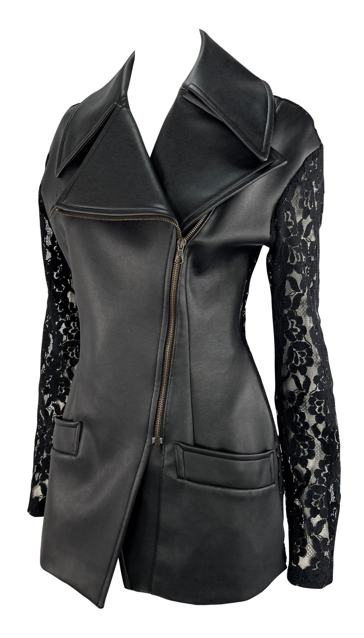 S/S 1993 Dolce & Gabbana Sheer Backless Lace Black Leather Zip Biker Jacket - RealList