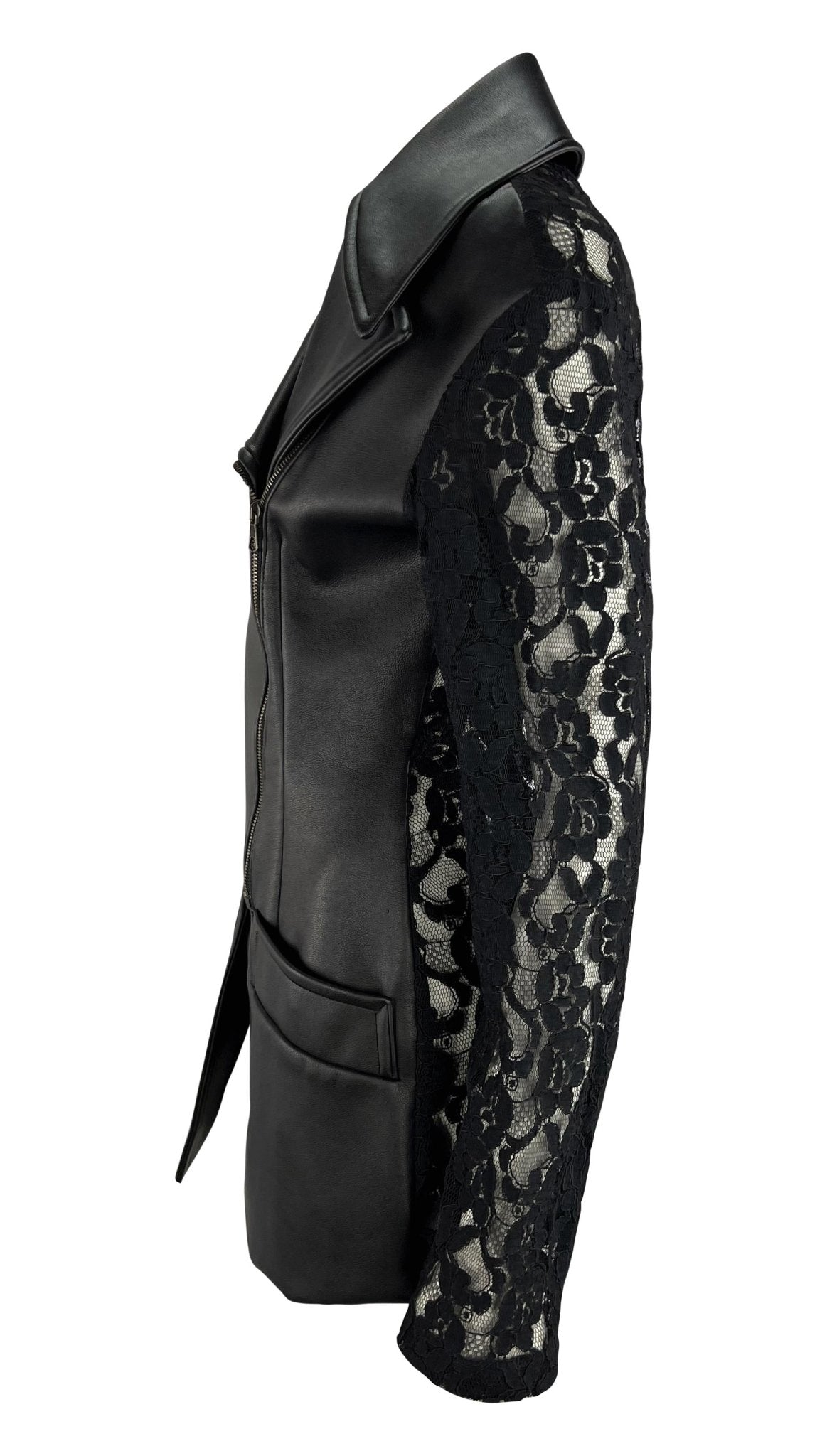 S/S 1993 Dolce & Gabbana Sheer Backless Lace Black Leather Zip Biker Jacket - RealList