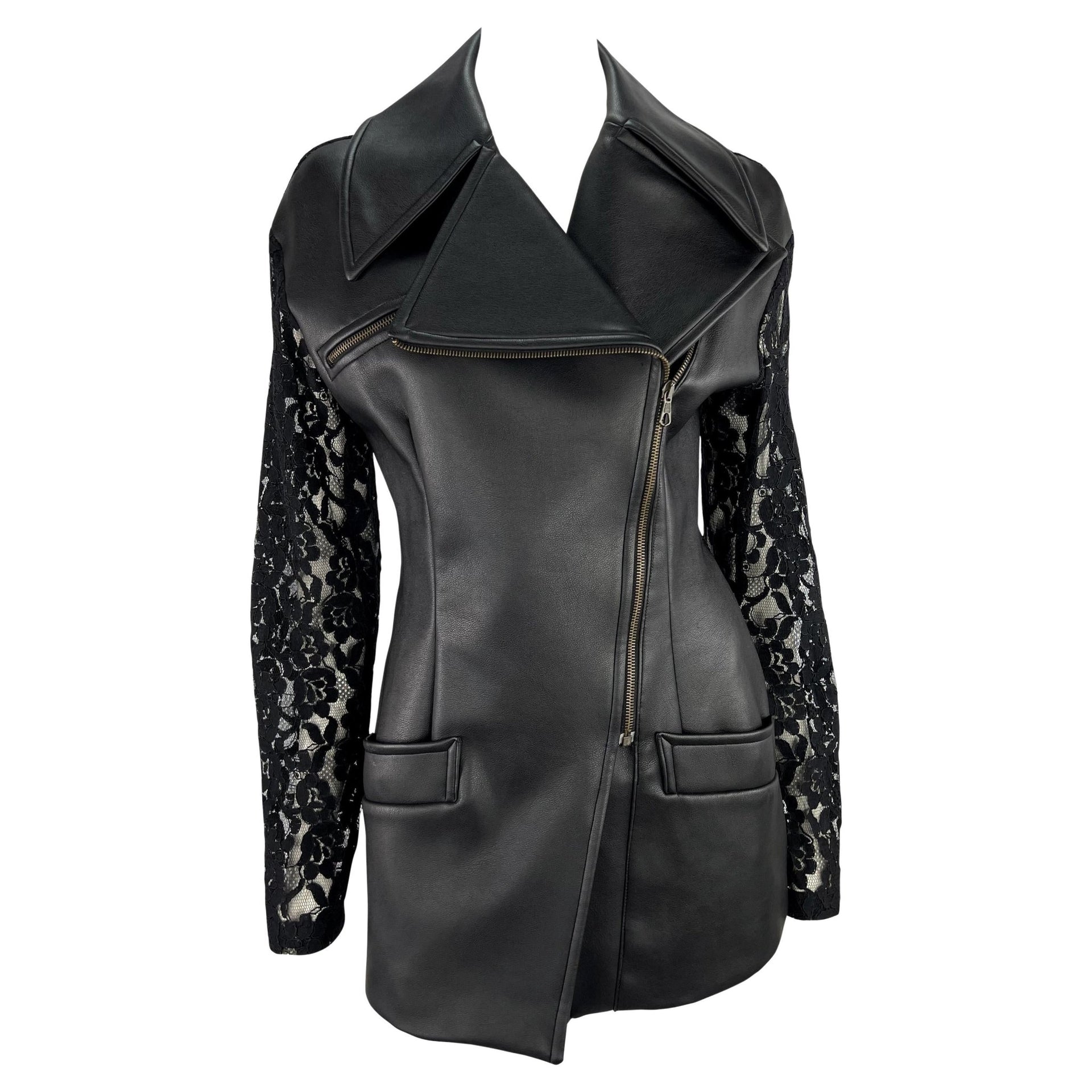 S/S 1993 Dolce & Gabbana Sheer Backless Lace Black Leather Zip Biker Jacket - RealList