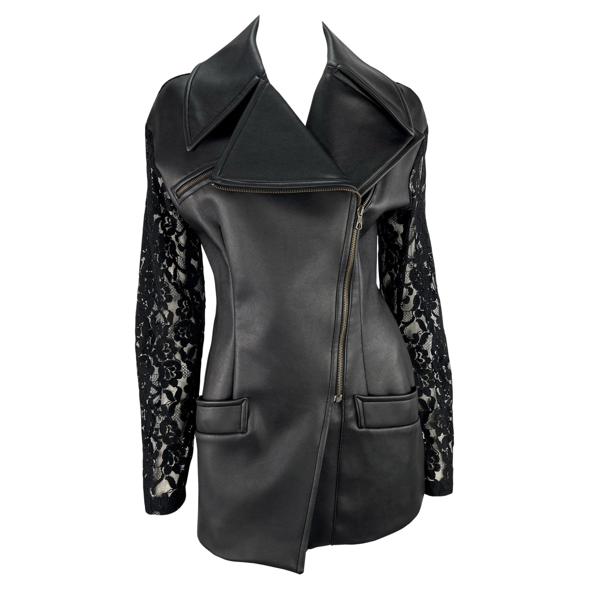 S/S 1993 Dolce & Gabbana Sheer Backless Lace Black Leather Zip Biker Jacket - RealList