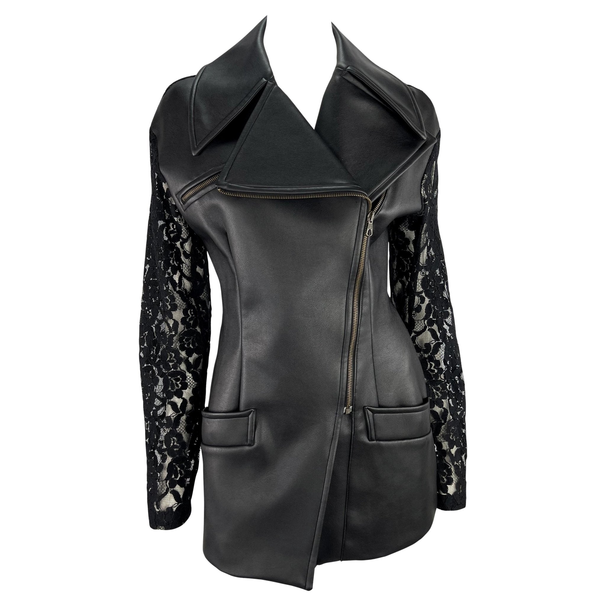 S/S 1993 Dolce & Gabbana Sheer Backless Lace Black Leather Zip Biker Jacket - RealList