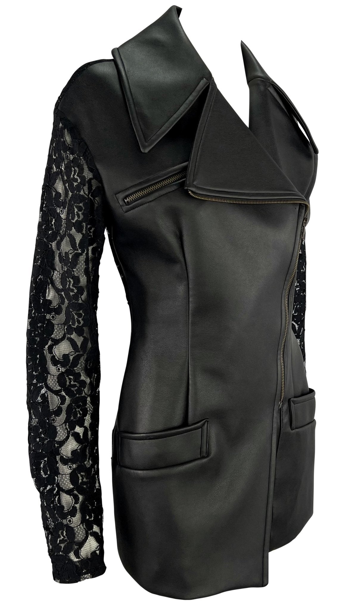 S/S 1993 Dolce & Gabbana Sheer Backless Lace Black Leather Zip Biker Jacket - RealList