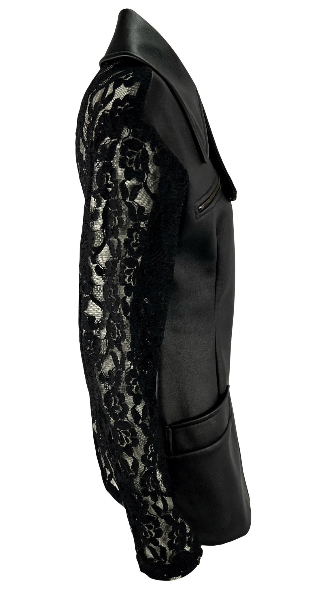 S/S 1993 Dolce & Gabbana Sheer Backless Lace Black Leather Zip Biker Jacket - RealList