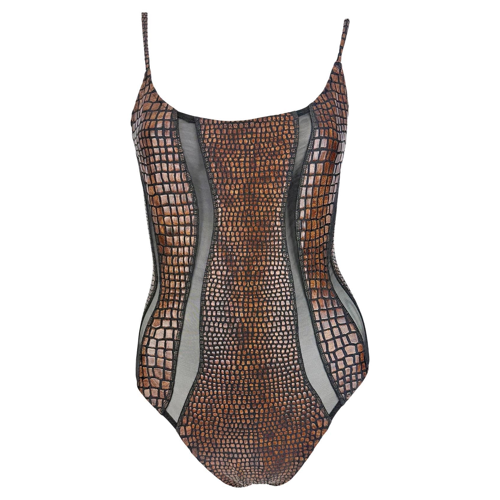 S/S 1993 Gianfranco Ferré Ad Brown Scale Print Sheer Cutout One Piece Swimsuit - RealList