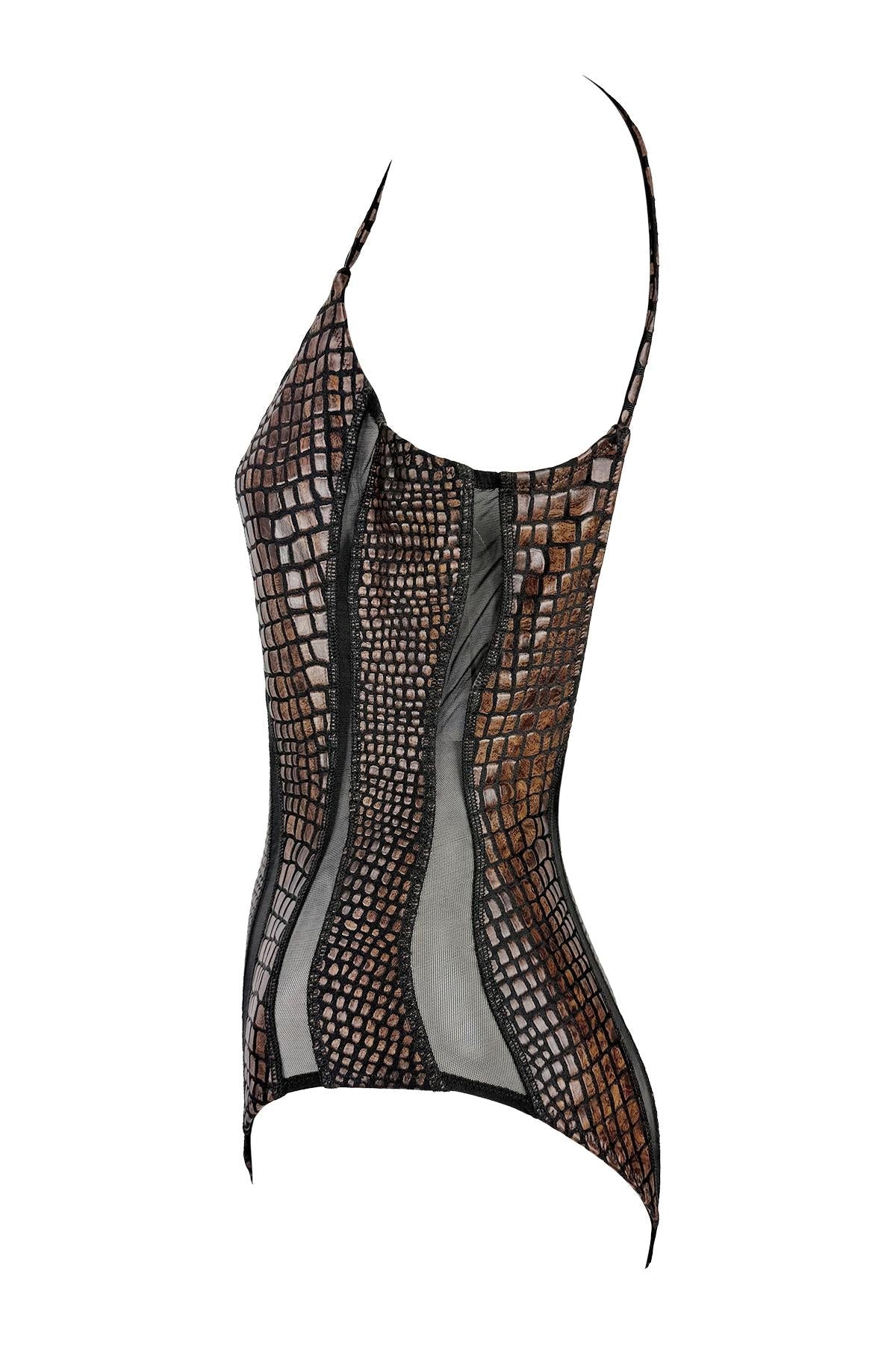 S/S 1993 Gianfranco Ferré Ad Brown Scale Print Sheer Cutout One Piece Swimsuit - RealList