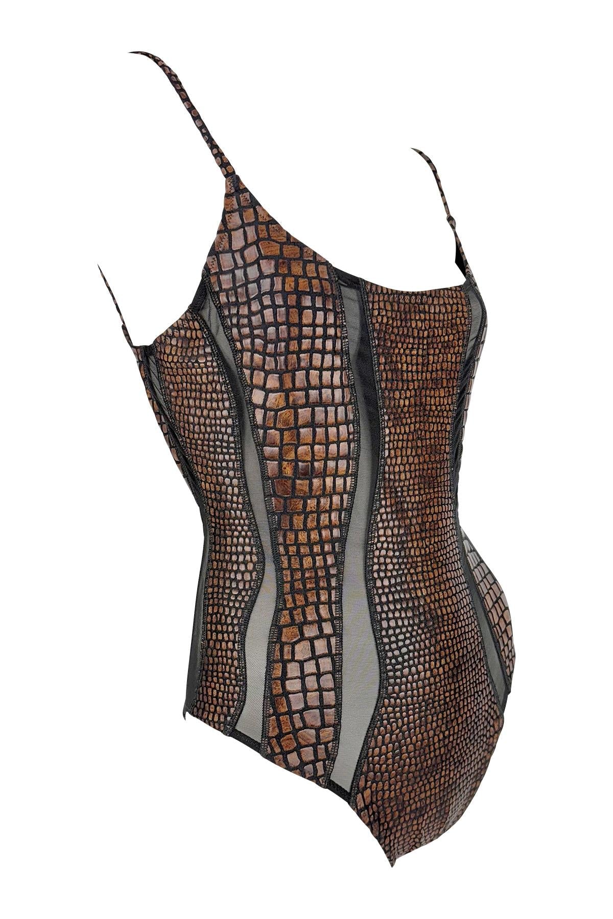 S/S 1993 Gianfranco Ferré Ad Brown Scale Print Sheer Cutout One Piece Swimsuit - RealList