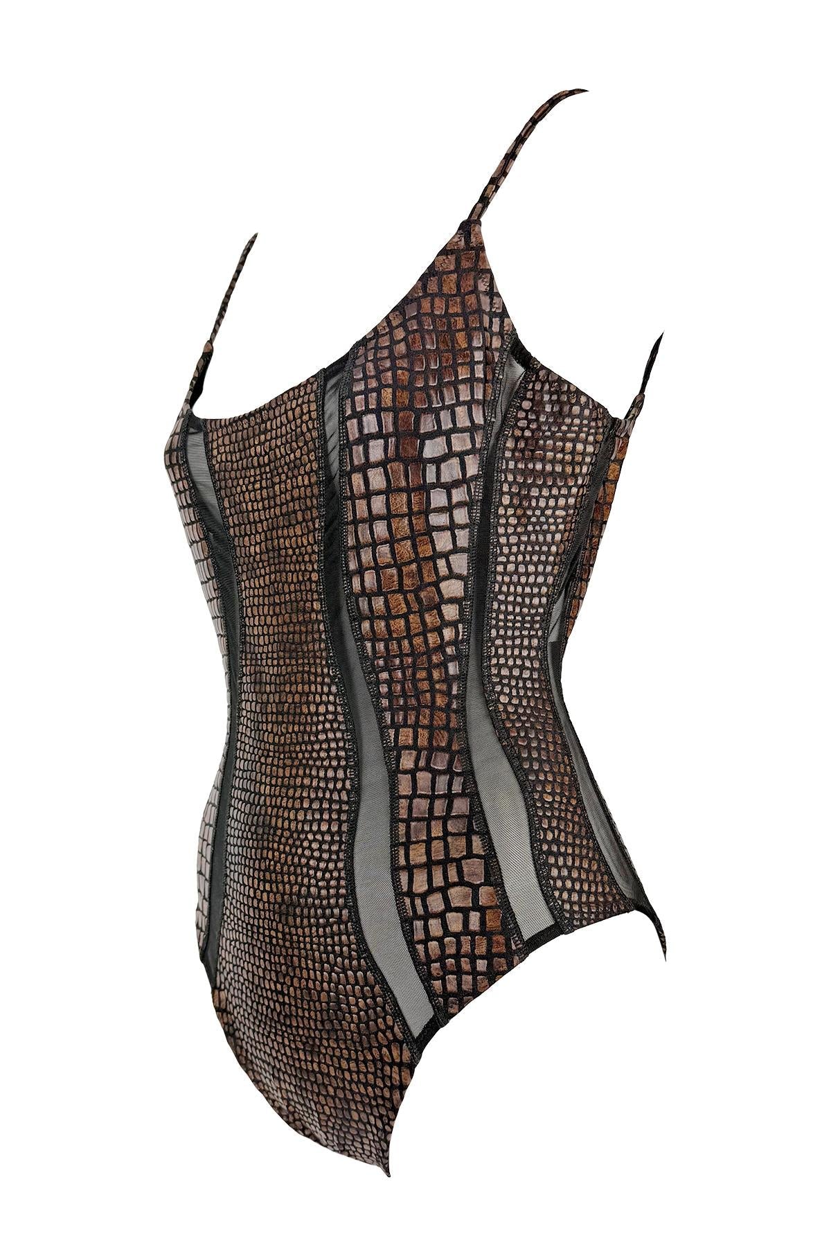 S/S 1993 Gianfranco Ferré Ad Brown Scale Print Sheer Cutout One Piece Swimsuit - RealList