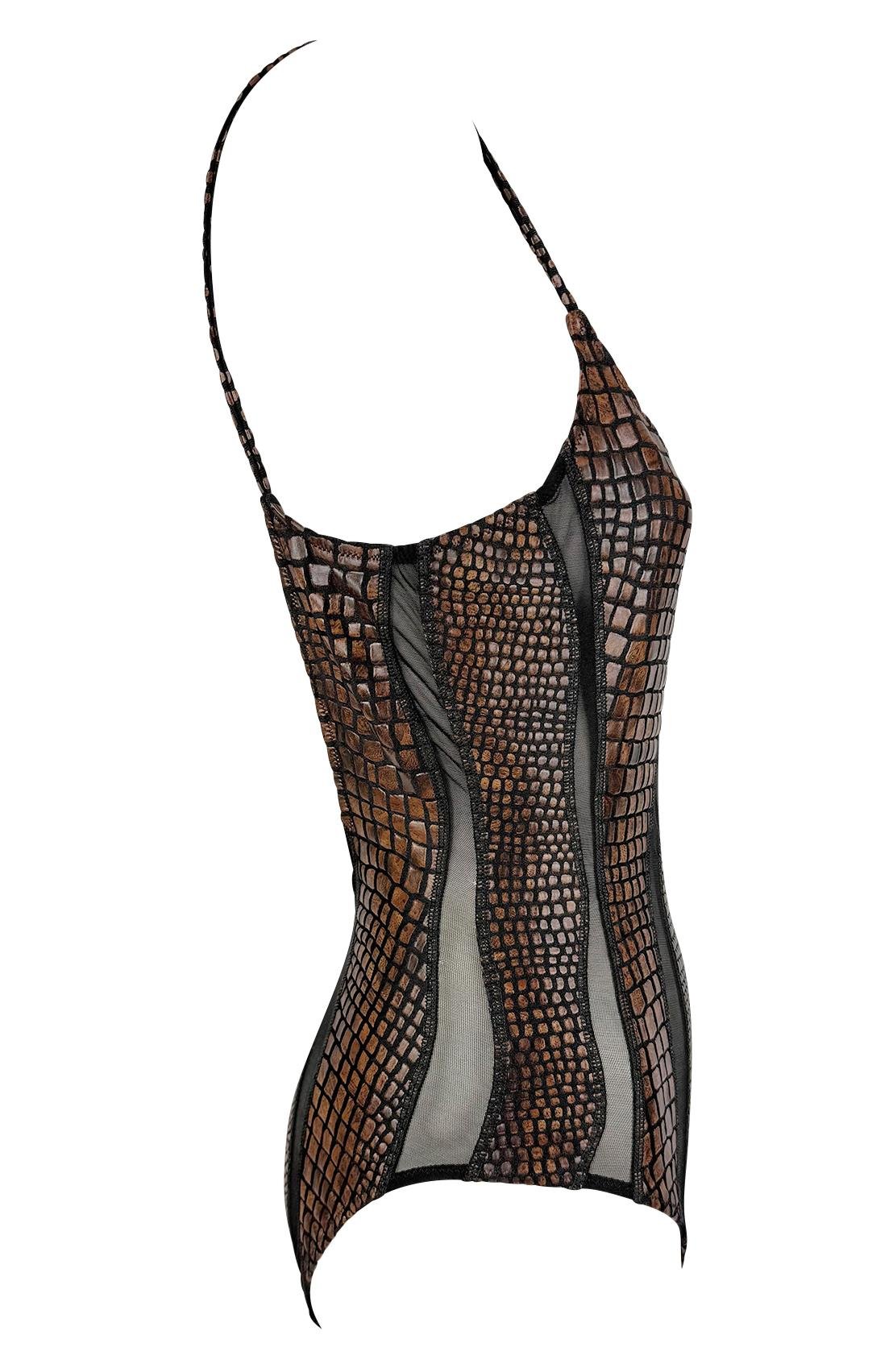 S/S 1993 Gianfranco Ferré Ad Brown Scale Print Sheer Cutout One Piece Swimsuit - RealList