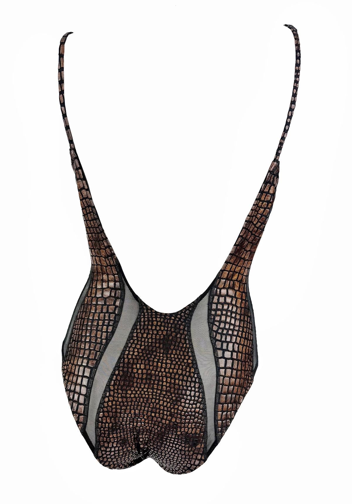 S/S 1993 Gianfranco Ferré Ad Brown Scale Print Sheer Cutout One Piece Swimsuit - RealList