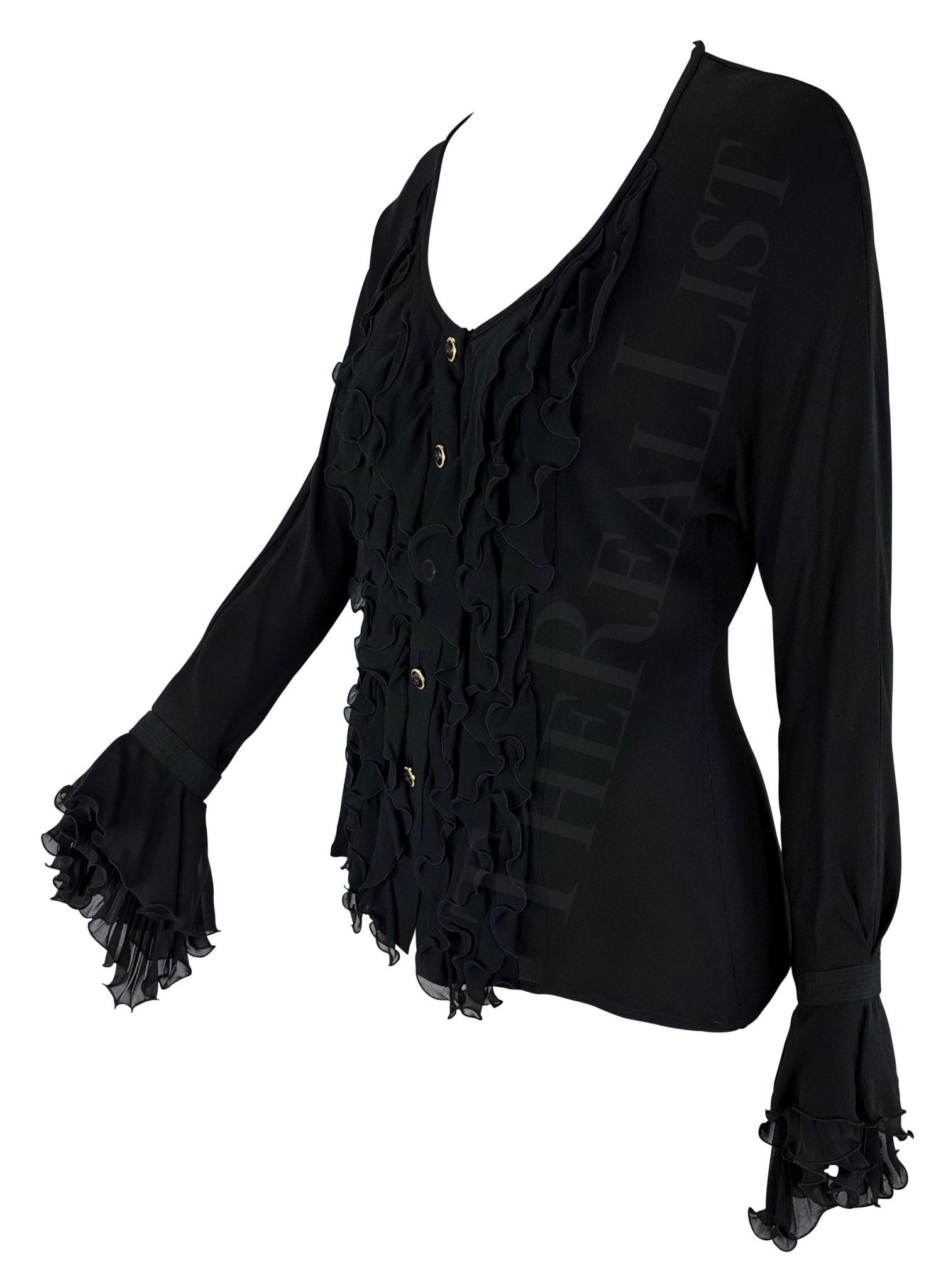 S/S 1993 Gianni Versace Black Bohemian Ruffle Runway Button Up Top - RealList