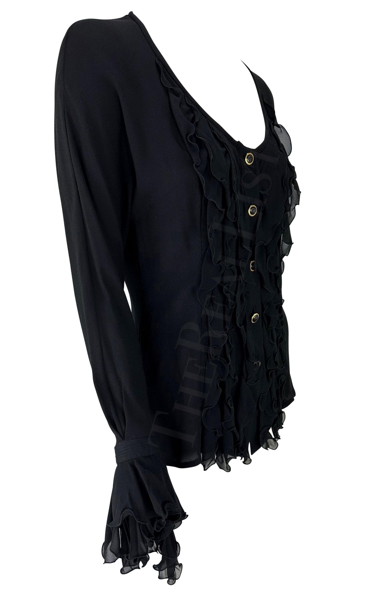 S/S 1993 Gianni Versace Black Bohemian Ruffle Runway Button Up Top - RealList