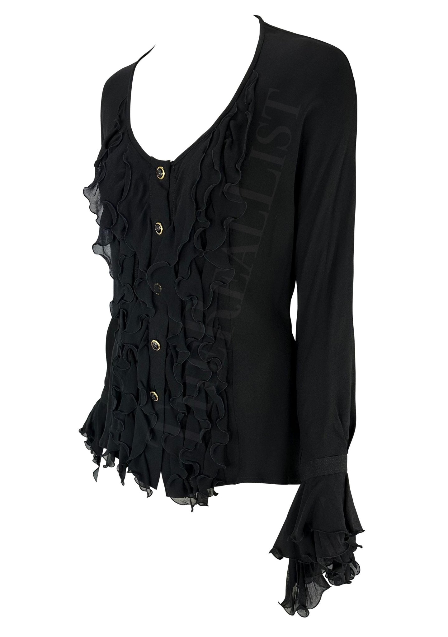 S/S 1993 Gianni Versace Black Bohemian Ruffle Runway Button Up Top - RealList