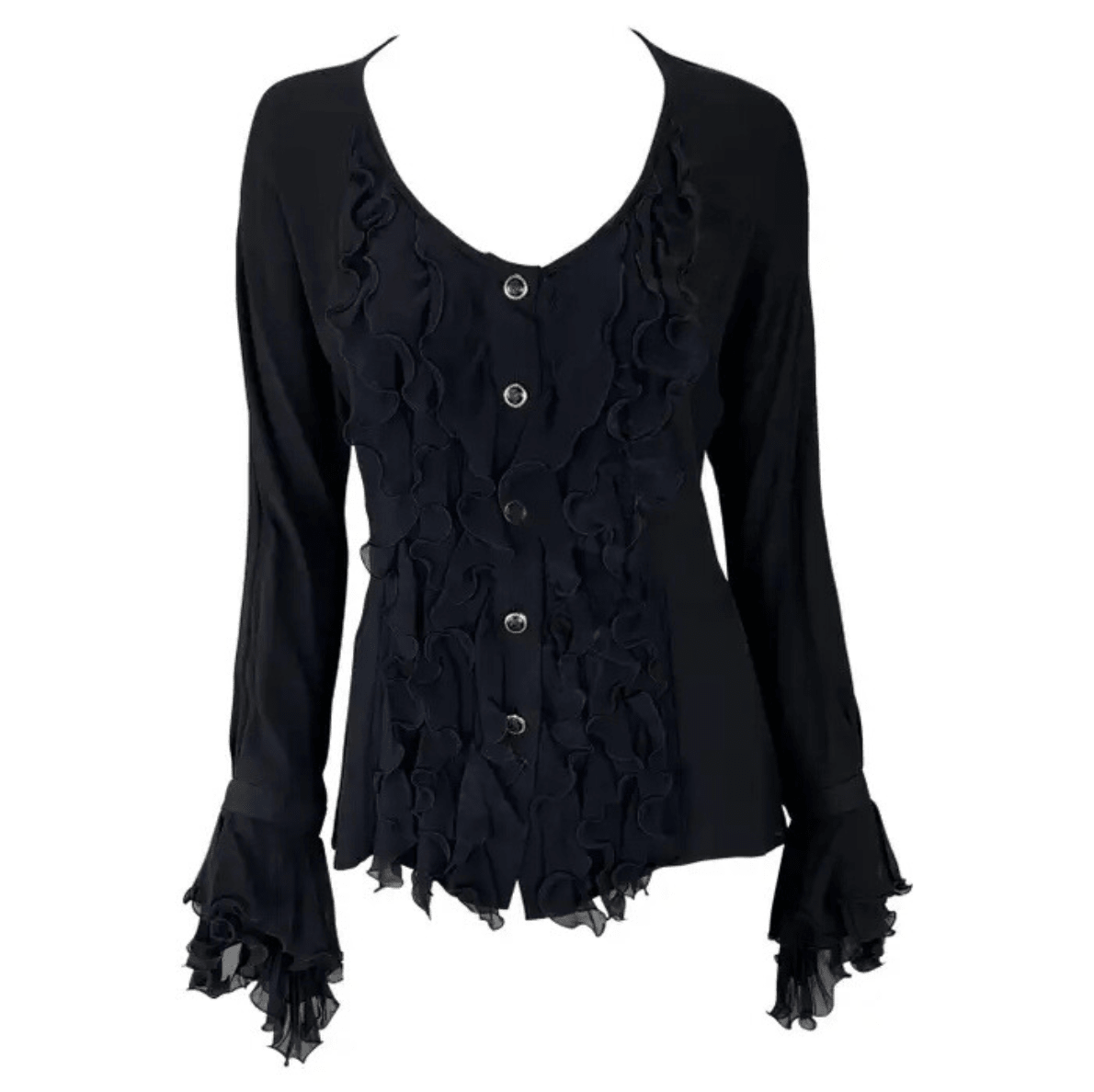 S/S 1993 Gianni Versace Black Bohemian Ruffle Runway Button Up Top - RealList
