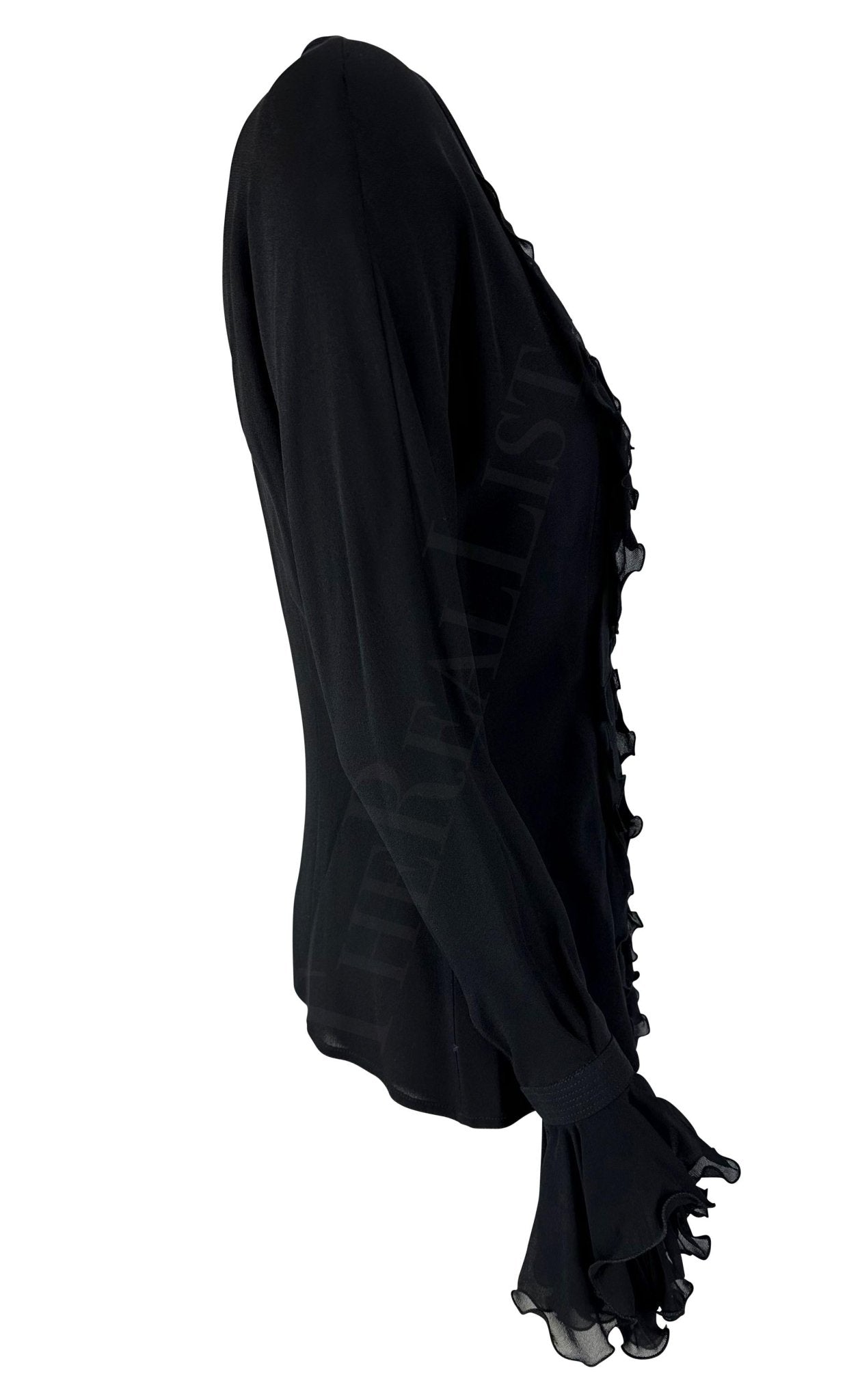 S/S 1993 Gianni Versace Black Bohemian Ruffle Runway Button Up Top - RealList