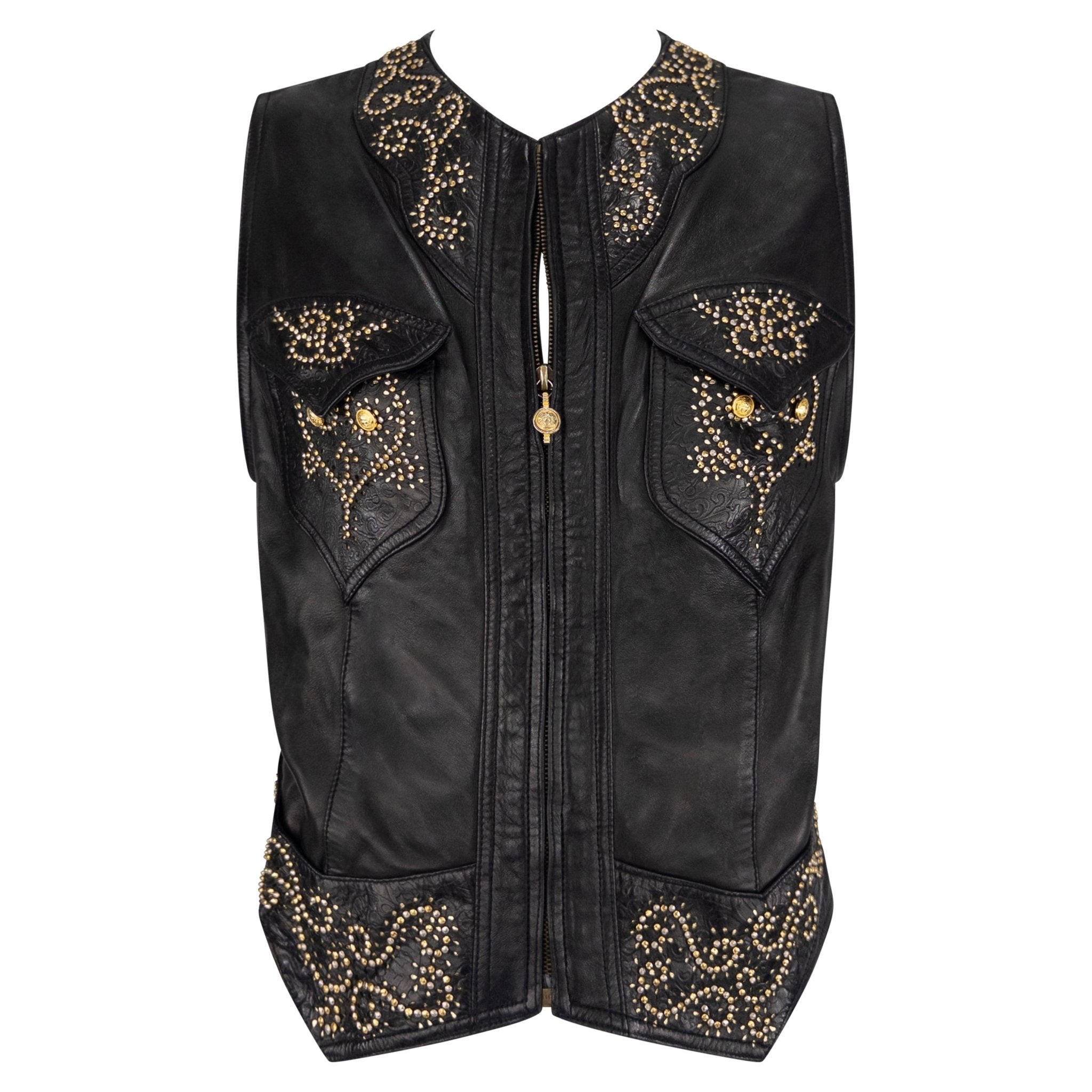 S/S 1993 Gianni Versace Black Leather Gold Studded Medusa Vest - RealList
