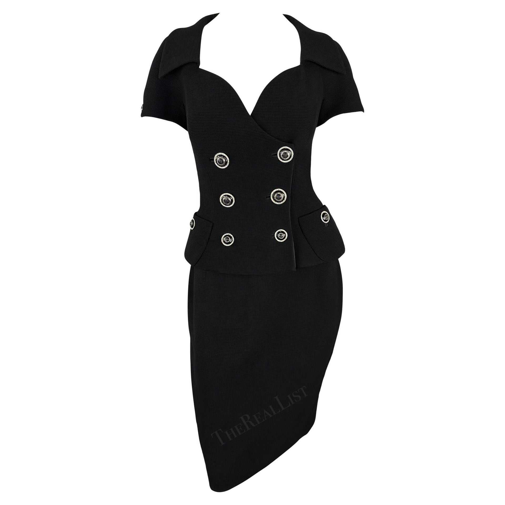 S/S 1993 Gianni Versace Black Waffle Knit Double Breasted Skirt Suit Set - RealList