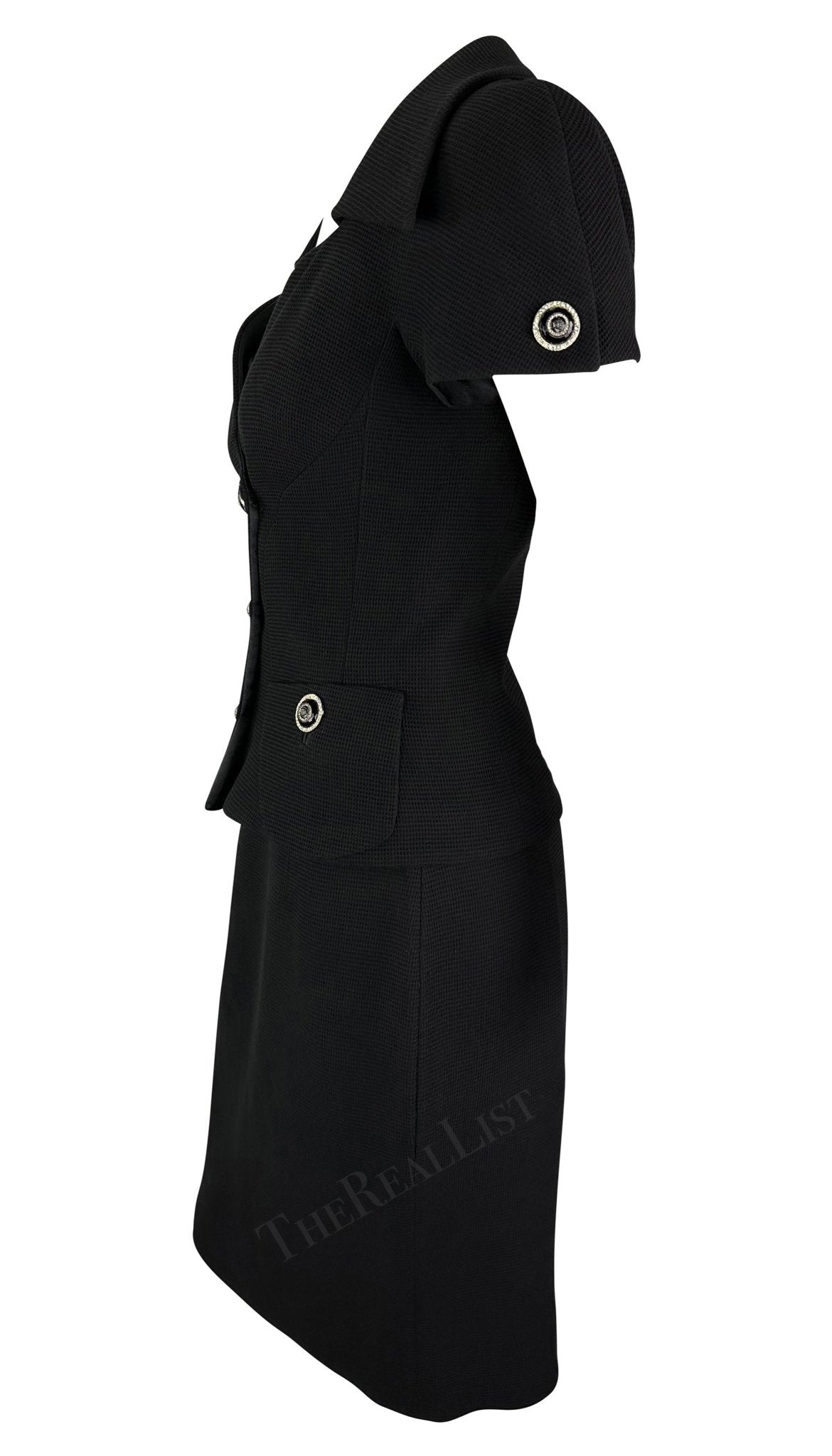 S/S 1993 Gianni Versace Black Waffle Knit Double Breasted Skirt Suit Set - RealList