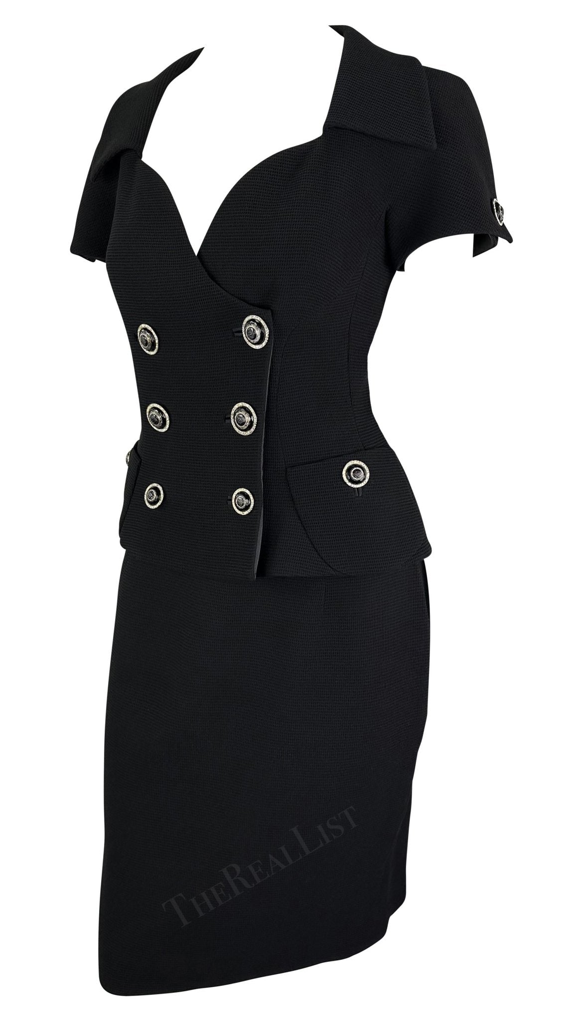 S/S 1993 Gianni Versace Black Waffle Knit Double Breasted Skirt Suit Set - RealList