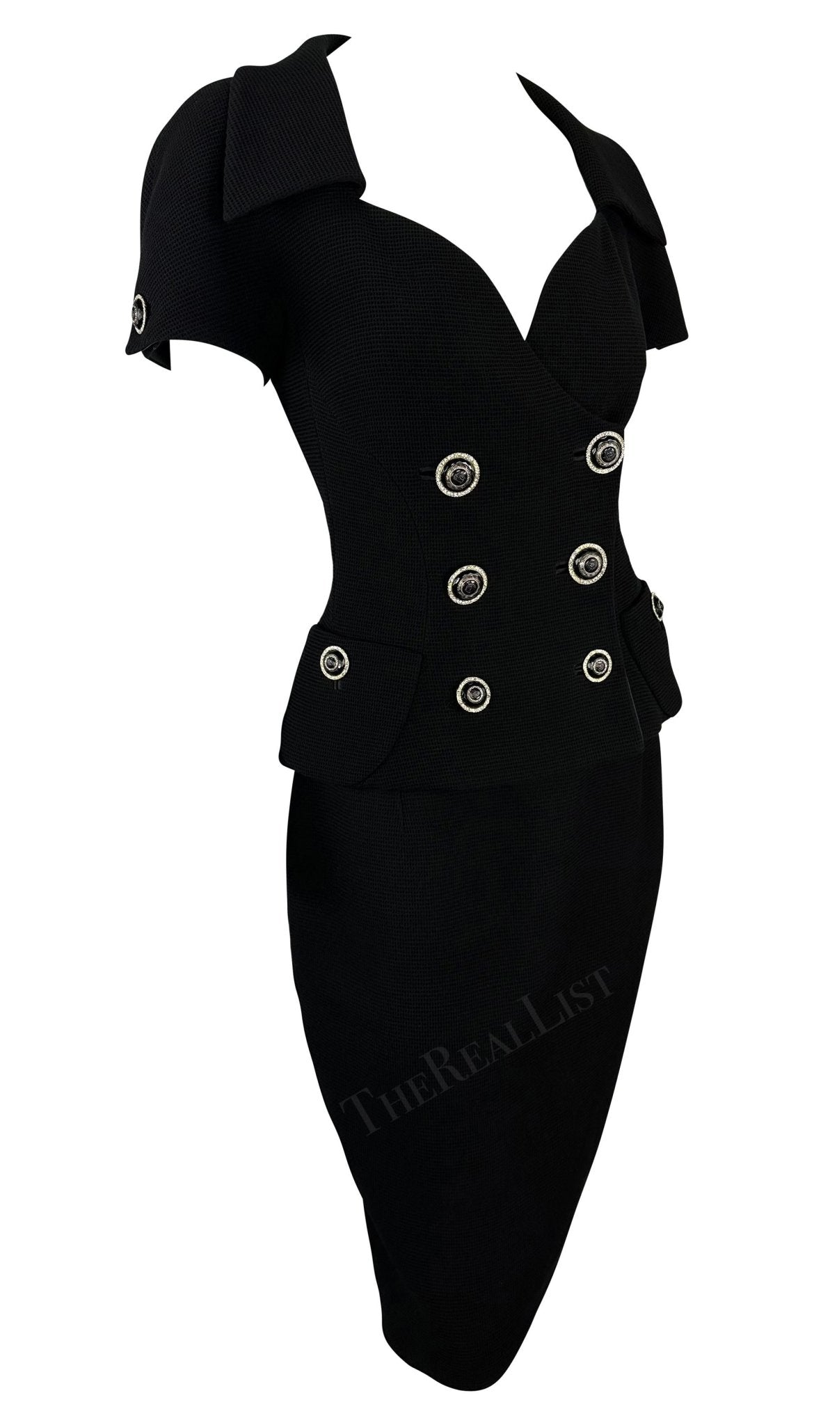 S/S 1993 Gianni Versace Black Waffle Knit Double Breasted Skirt Suit Set - RealList