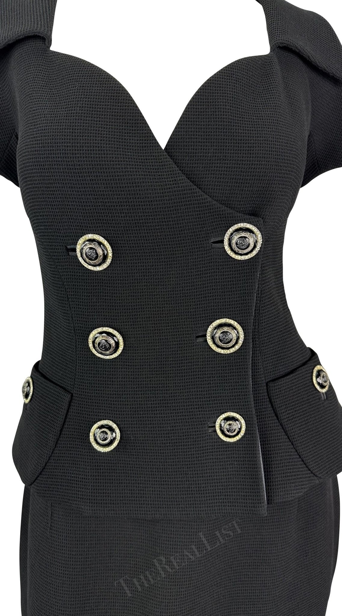 S/S 1993 Gianni Versace Black Waffle Knit Double Breasted Skirt Suit Set - RealList