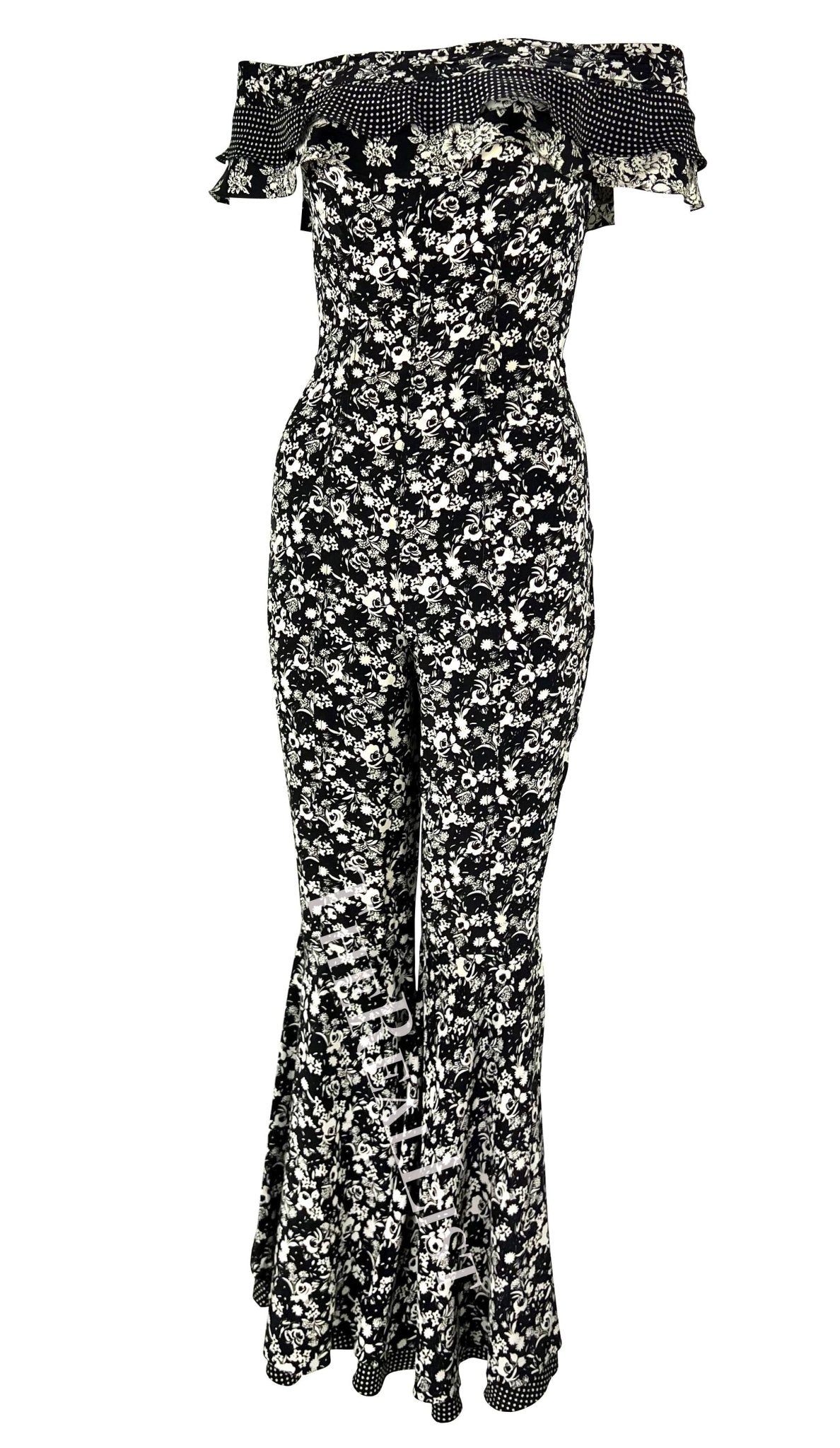 S/S 1993 Gianni Versace Black White Floral Flared Bell - Bottom Catsuit - RealList
