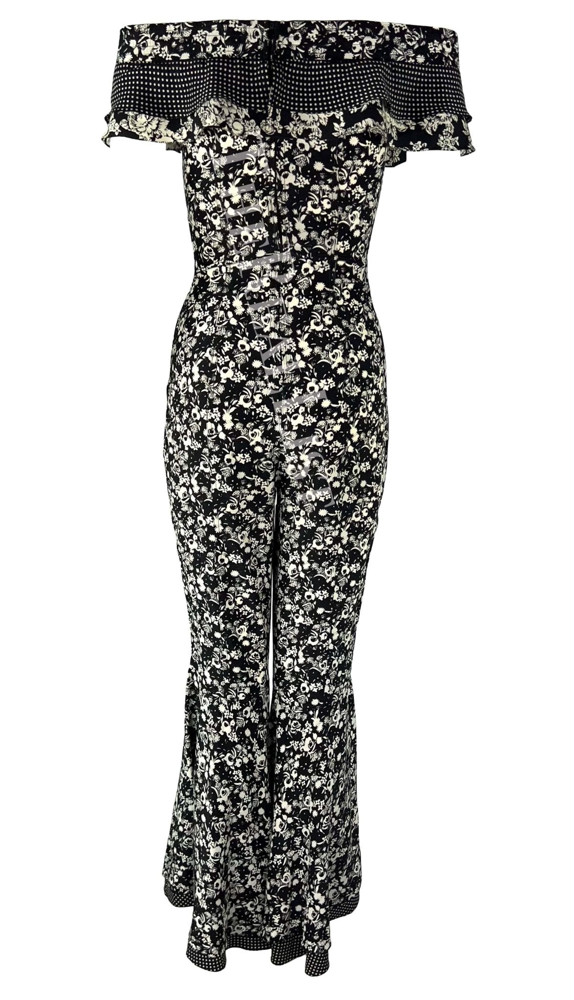 S/S 1993 Gianni Versace Black White Floral Flared Bell - Bottom Catsuit - RealList