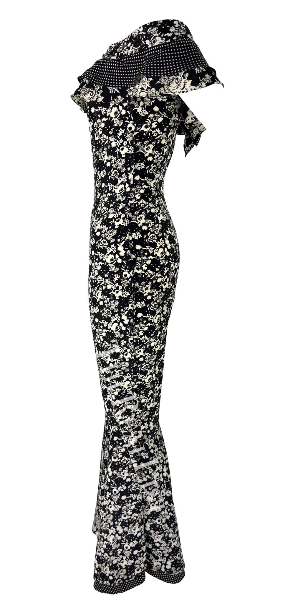 S/S 1993 Gianni Versace Black White Floral Flared Bell - Bottom Catsuit - RealList